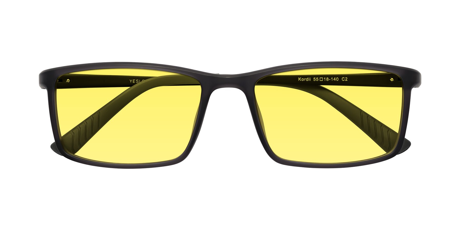 Folded Front of Kordii in Matte Gray with Medium Yellow Tinted Lenses