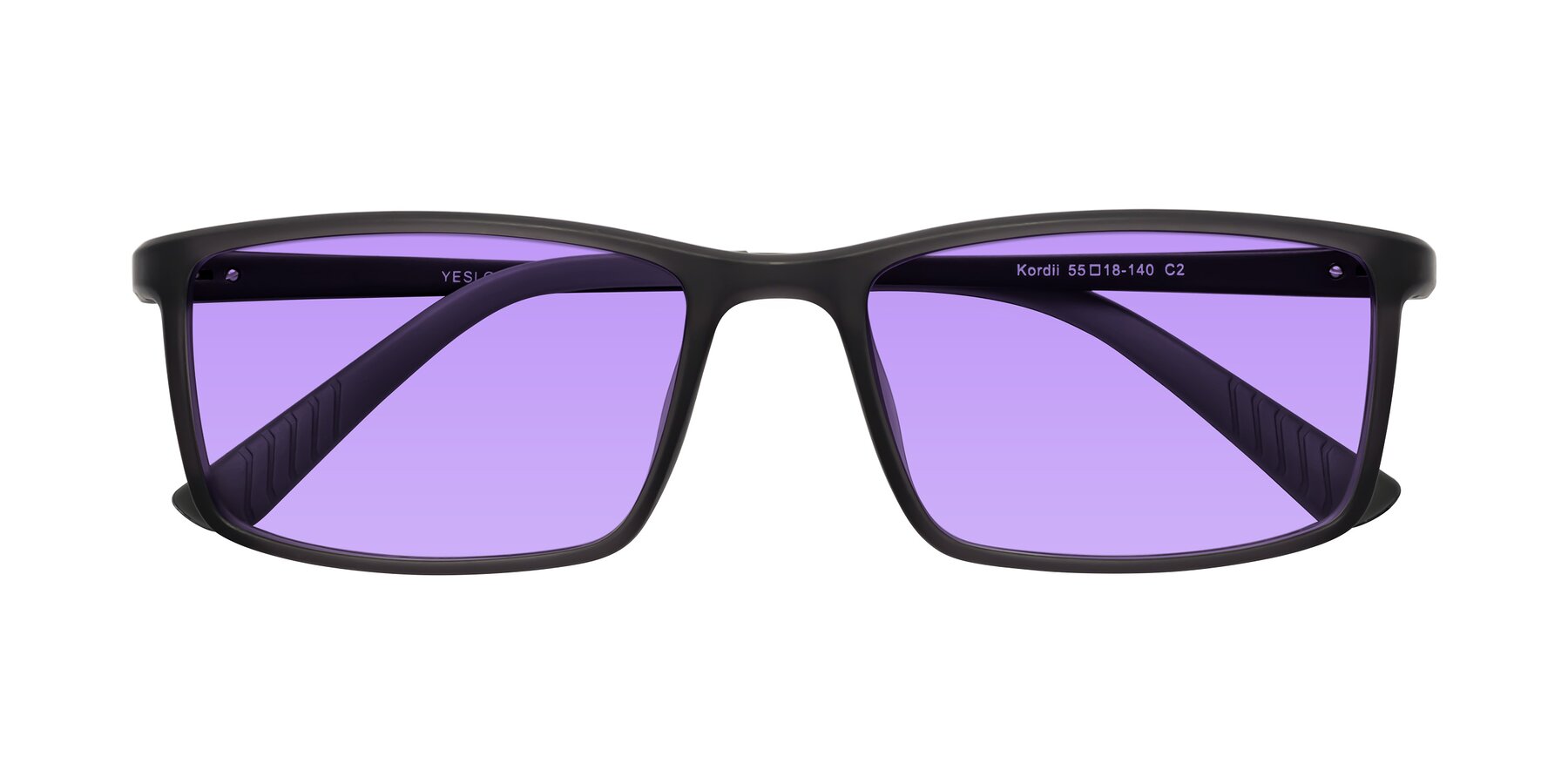 Folded Front of Kordii in Matte Gray with Medium Purple Tinted Lenses