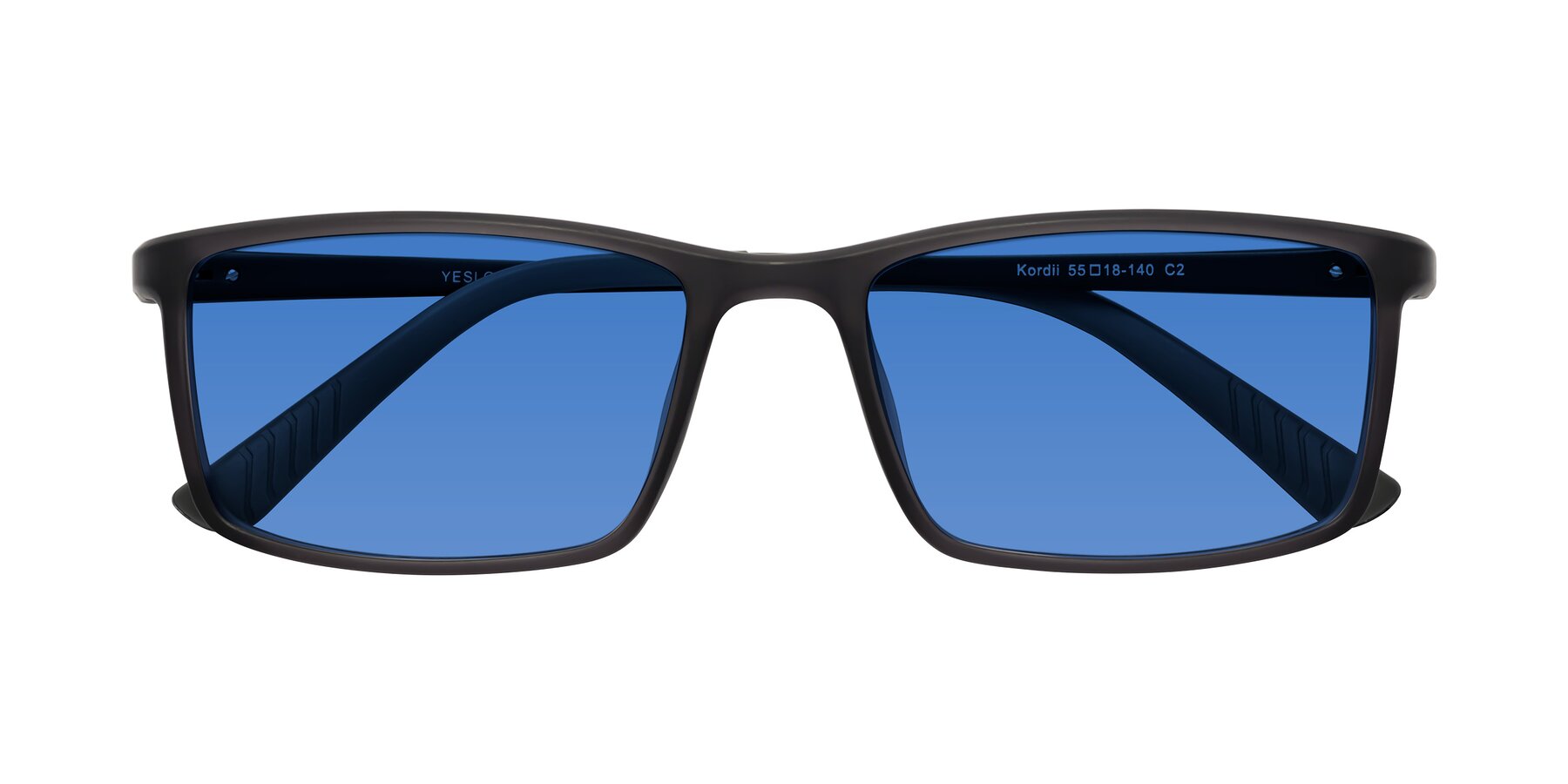 Folded Front of Kordii in Matte Gray with Blue Tinted Lenses