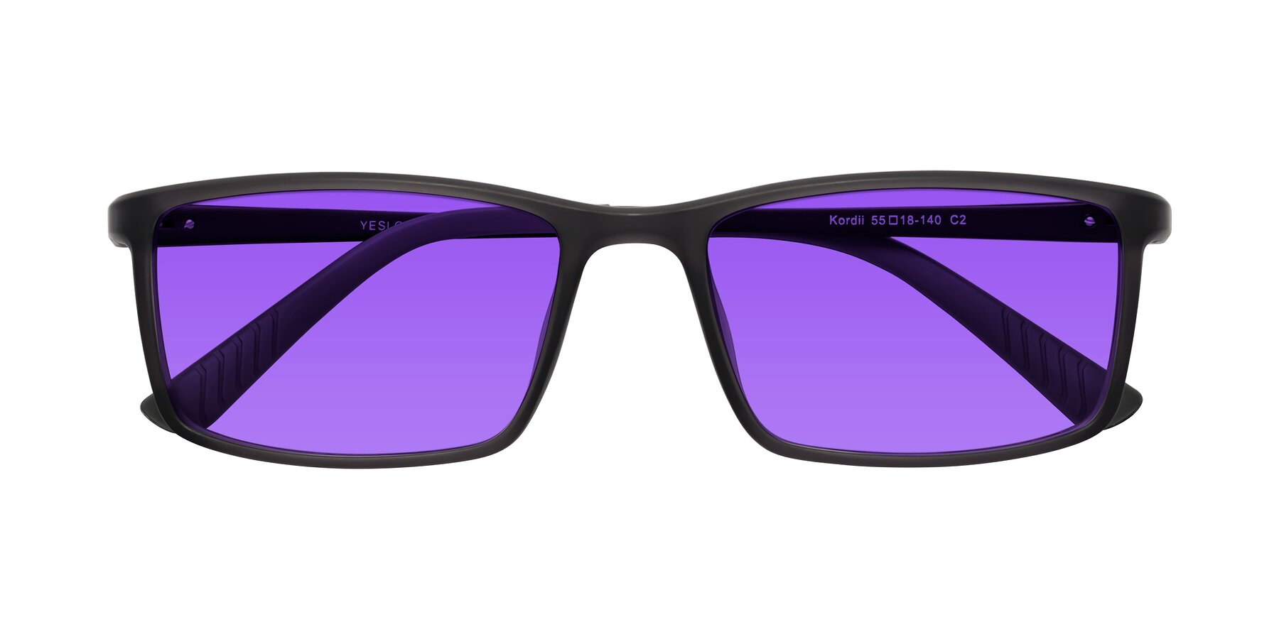 Folded Front of Kordii in Matte Gray with Purple Tinted Lenses