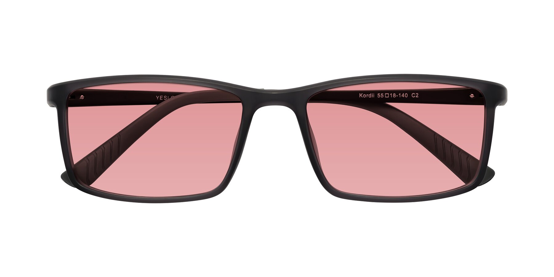 Folded Front of Kordii in Matte Gray with Medium Garnet Tinted Lenses
