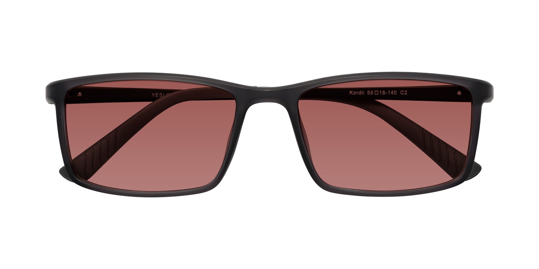 Folded Front of Kordii in Matte Gray with Garnet Tinted Lenses