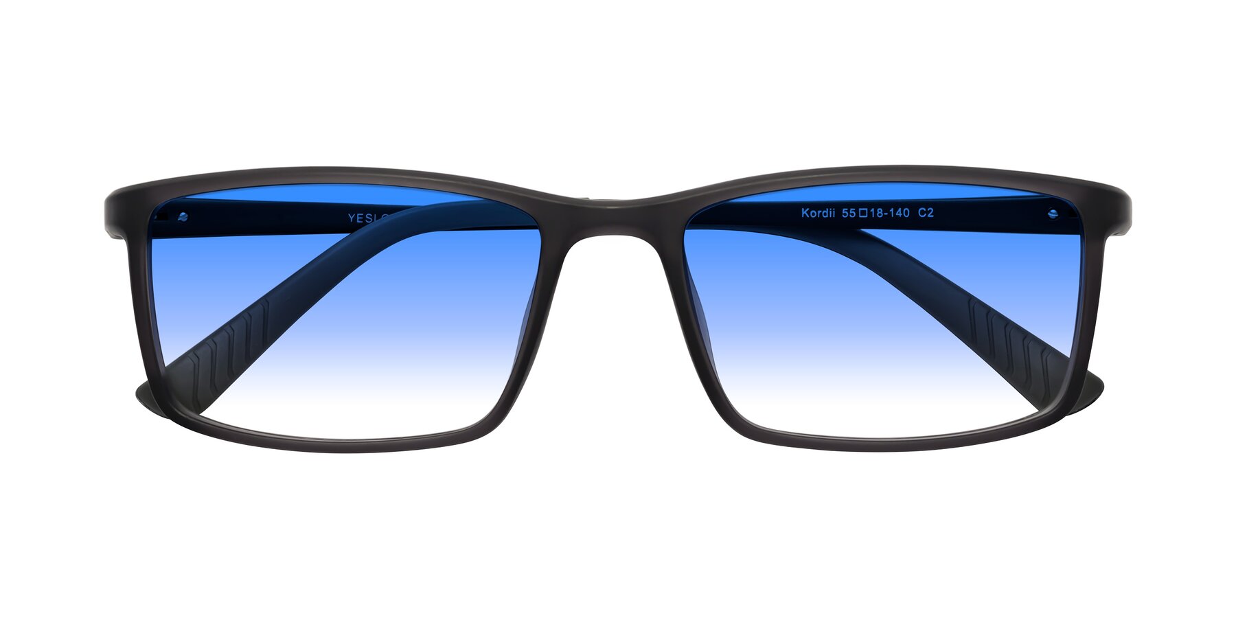 Folded Front of Kordii in Matte Gray with Blue Gradient Lenses