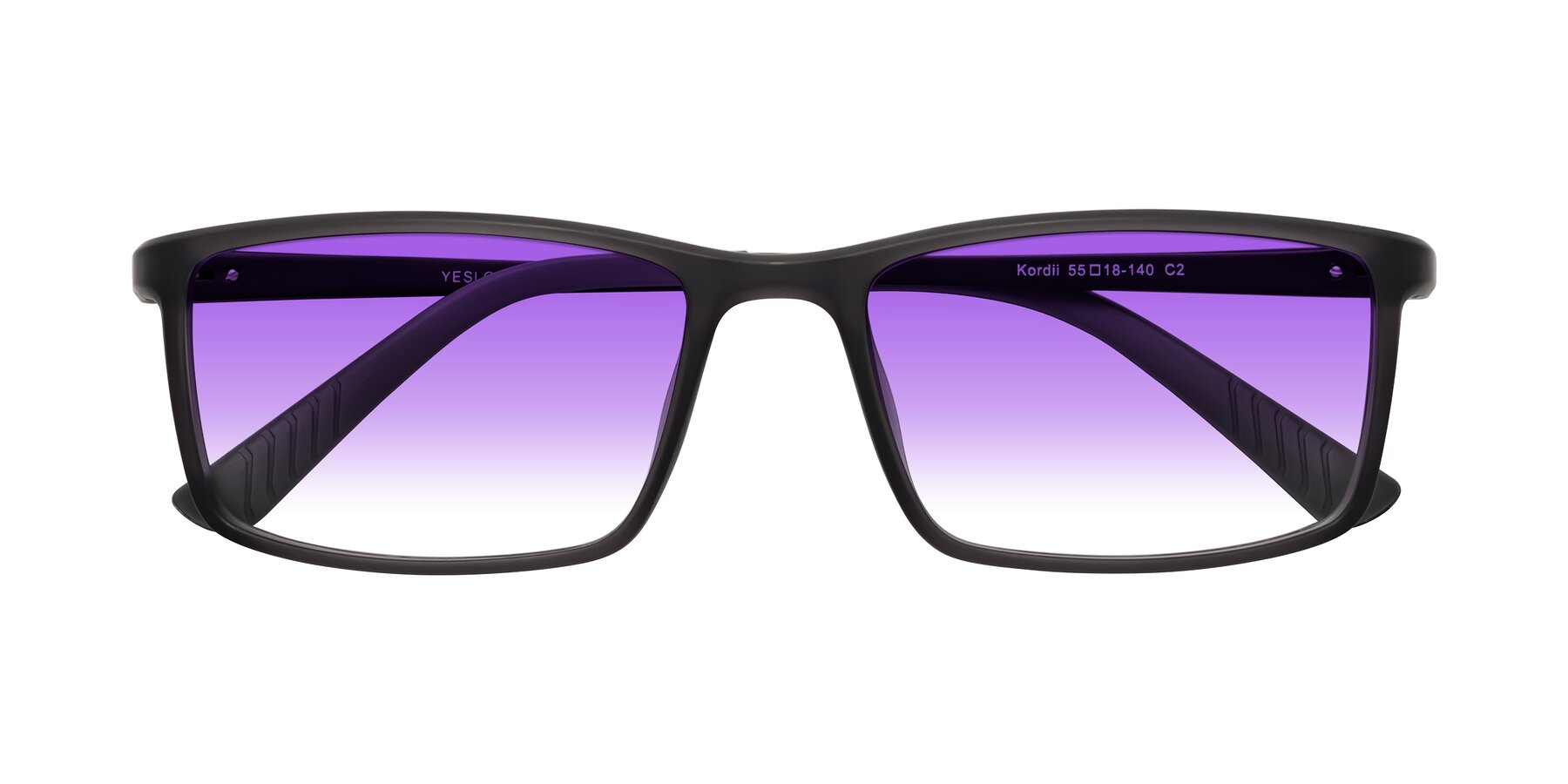 Folded Front of Kordii in Matte Gray with Purple Gradient Lenses
