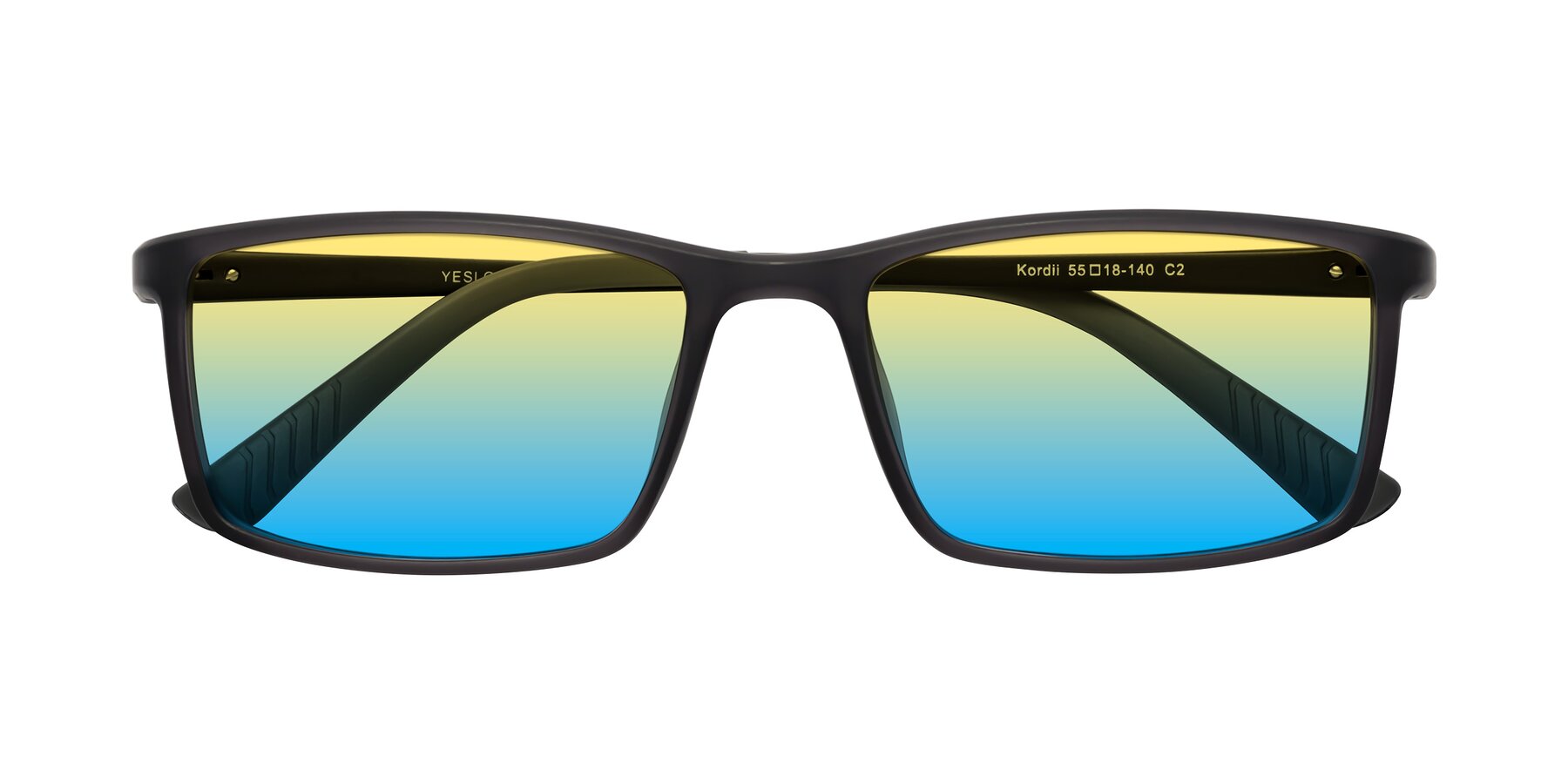 Folded Front of Kordii in Matte Gray with Yellow / Blue Gradient Lenses
