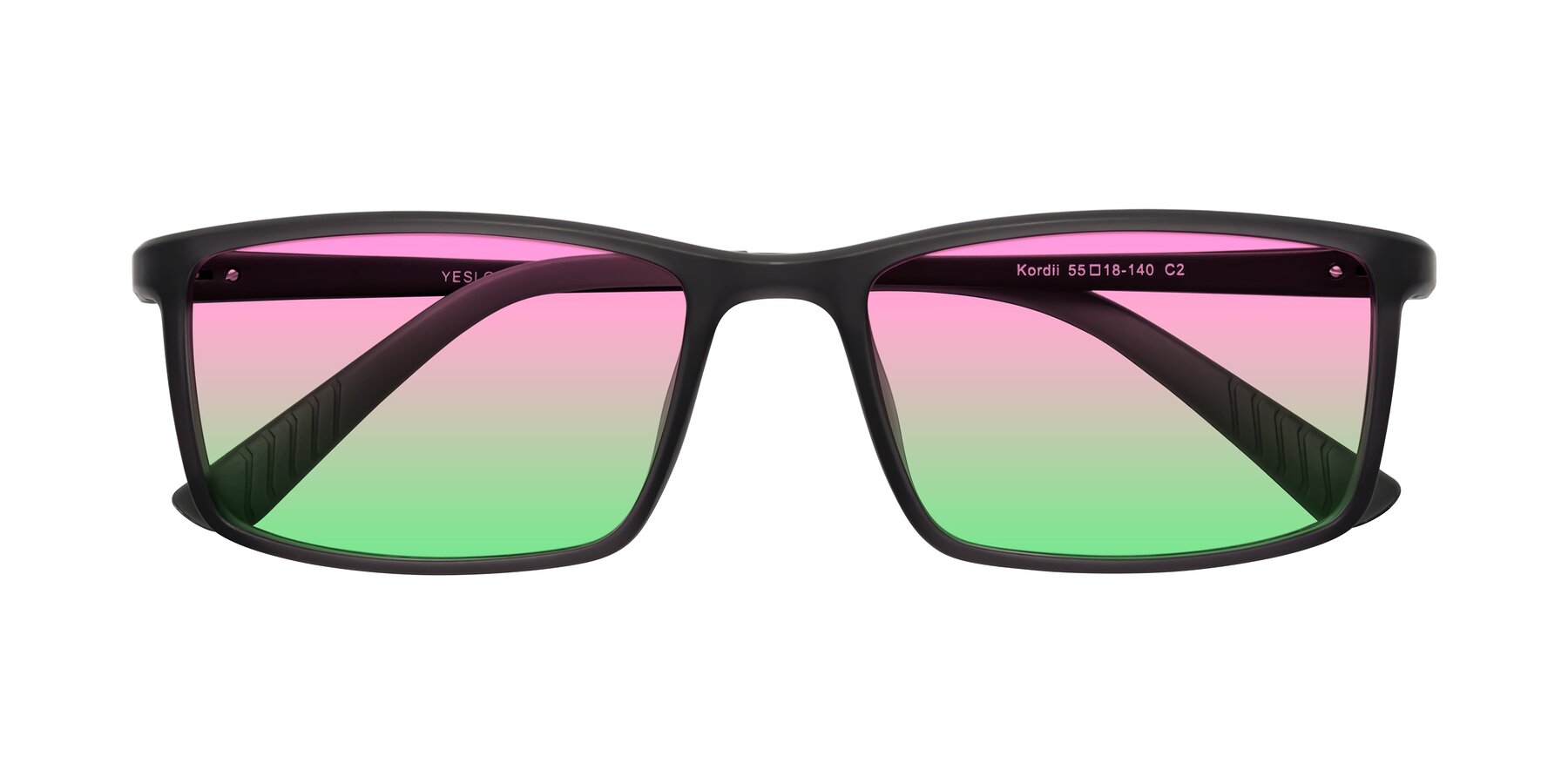 Folded Front of Kordii in Matte Gray with Pink / Green Gradient Lenses