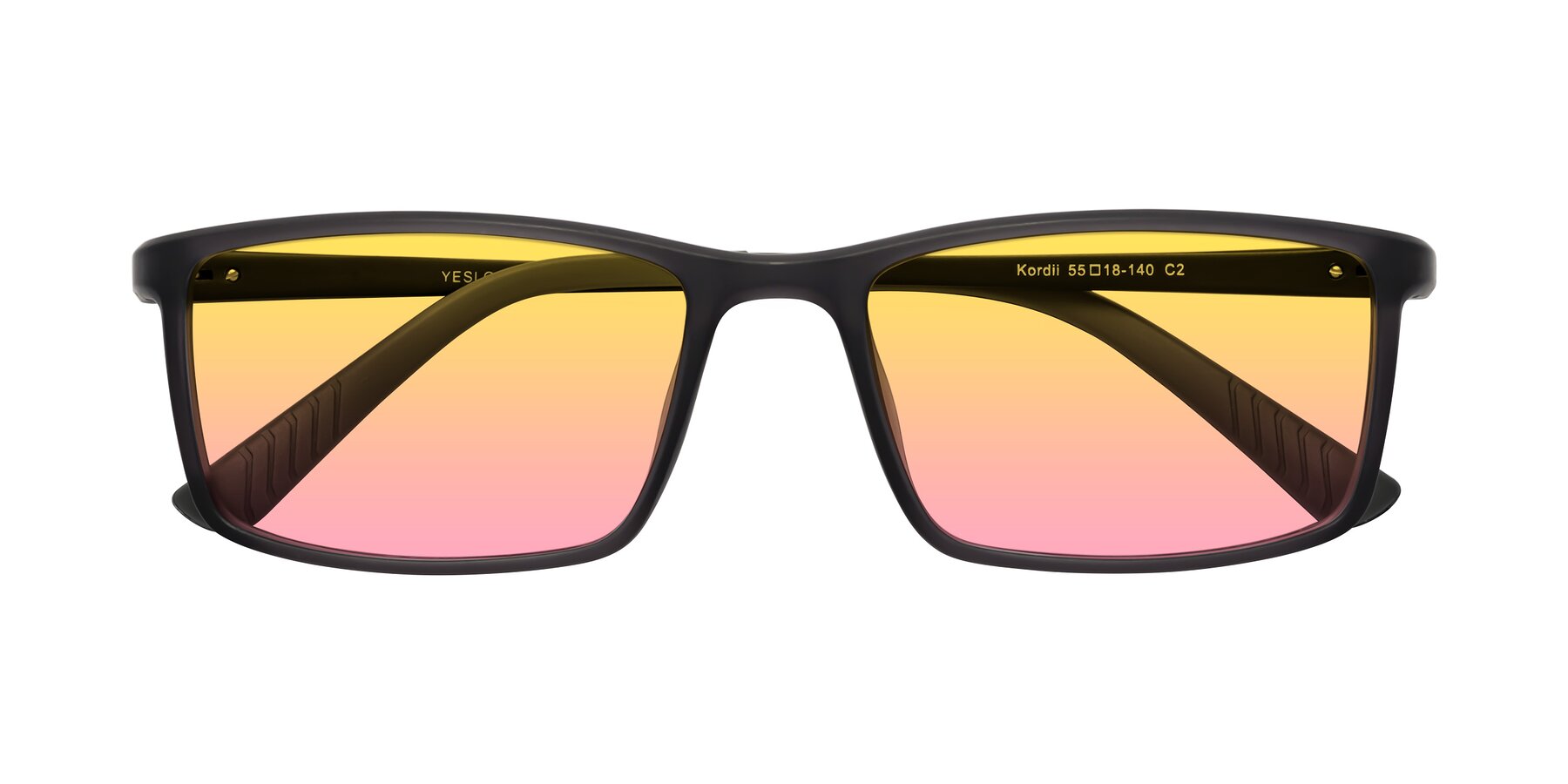 Folded Front of Kordii in Matte Gray with Yellow / Pink Gradient Lenses