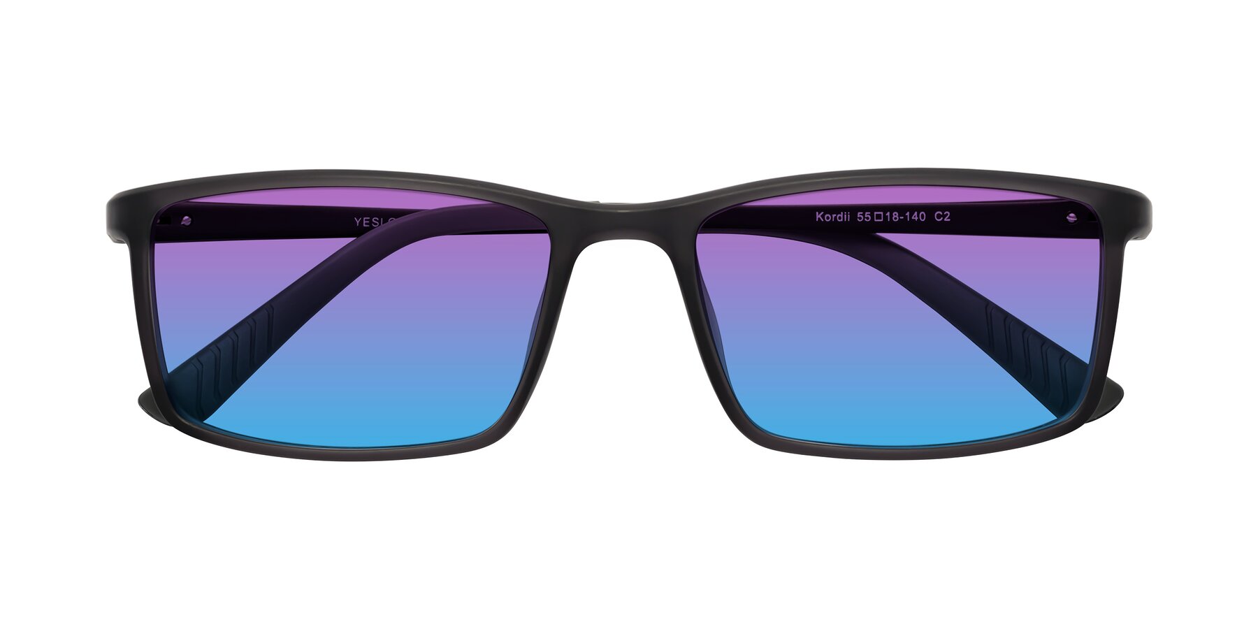 Folded Front of Kordii in Matte Gray with Purple / Blue Gradient Lenses