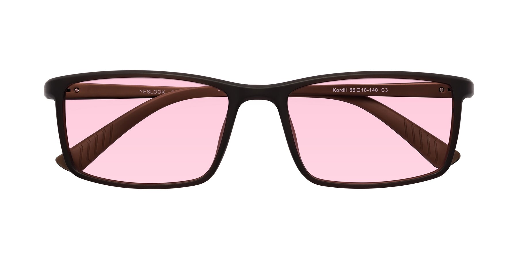 Folded Front of Kordii in Matte Brown with Light Pink Tinted Lenses