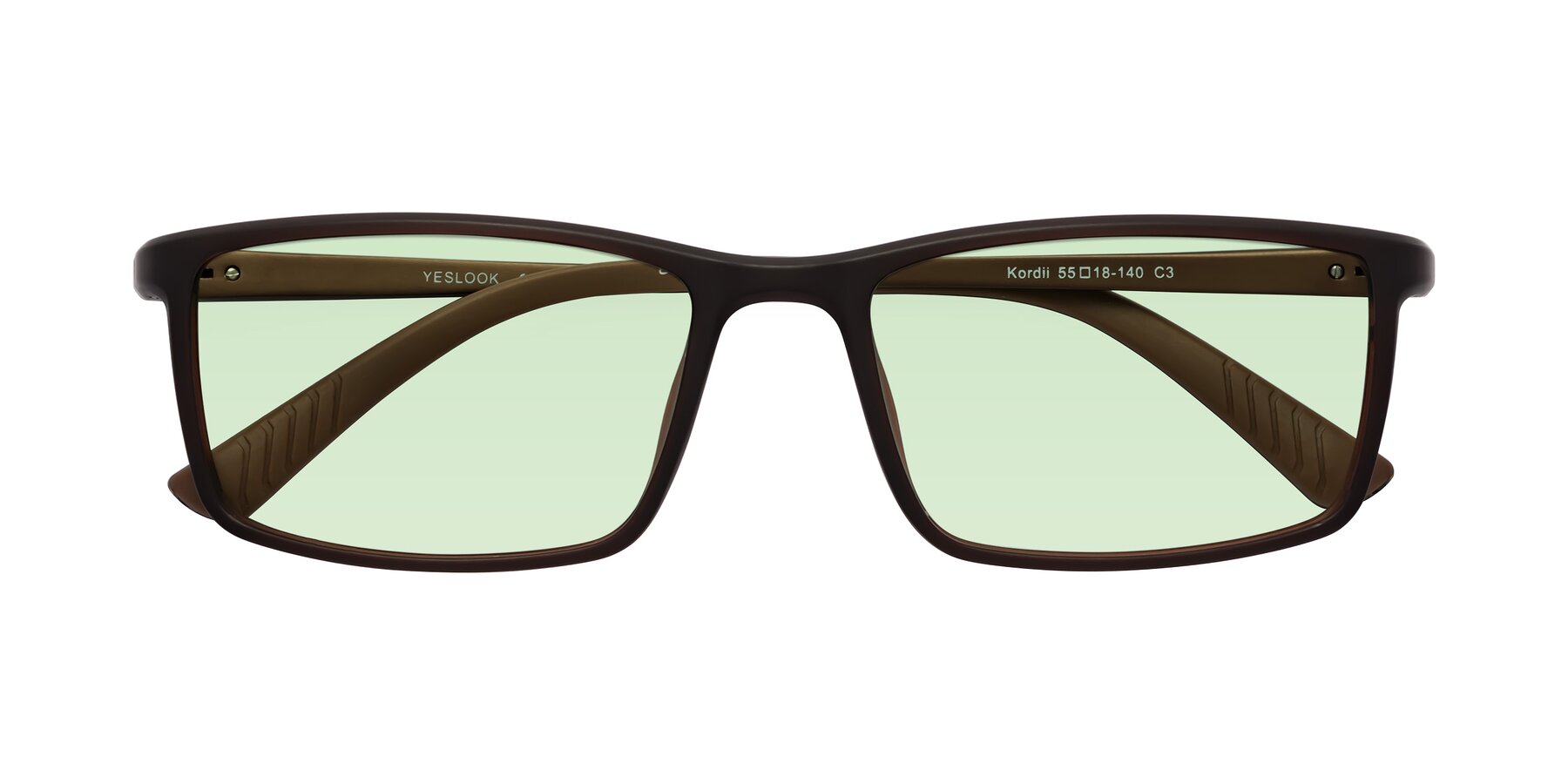 Folded Front of Kordii in Matte Brown with Light Green Tinted Lenses