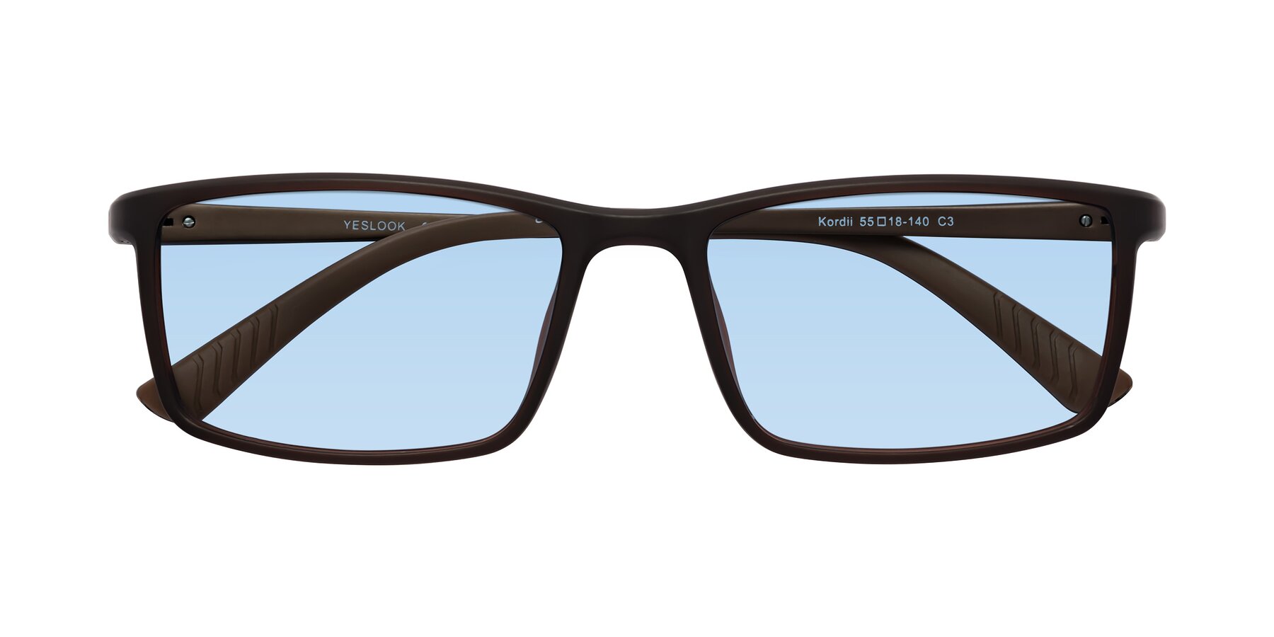 Folded Front of Kordii in Matte Brown with Light Blue Tinted Lenses