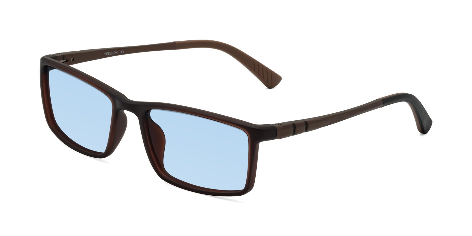 Angle of Kordii in Matte Brown with Light Blue Tinted Lenses