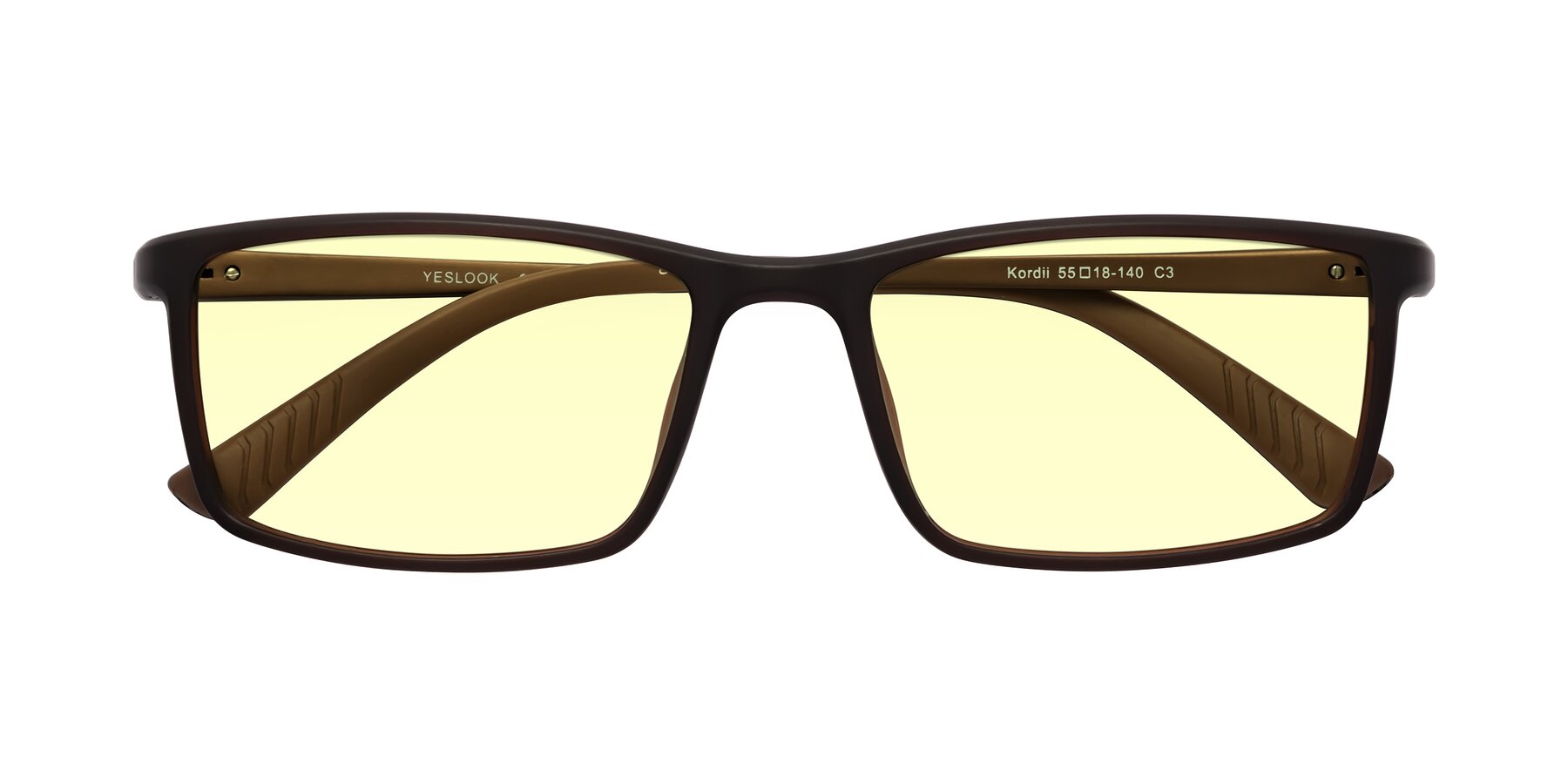 Folded Front of Kordii in Matte Brown with Light Yellow Tinted Lenses
