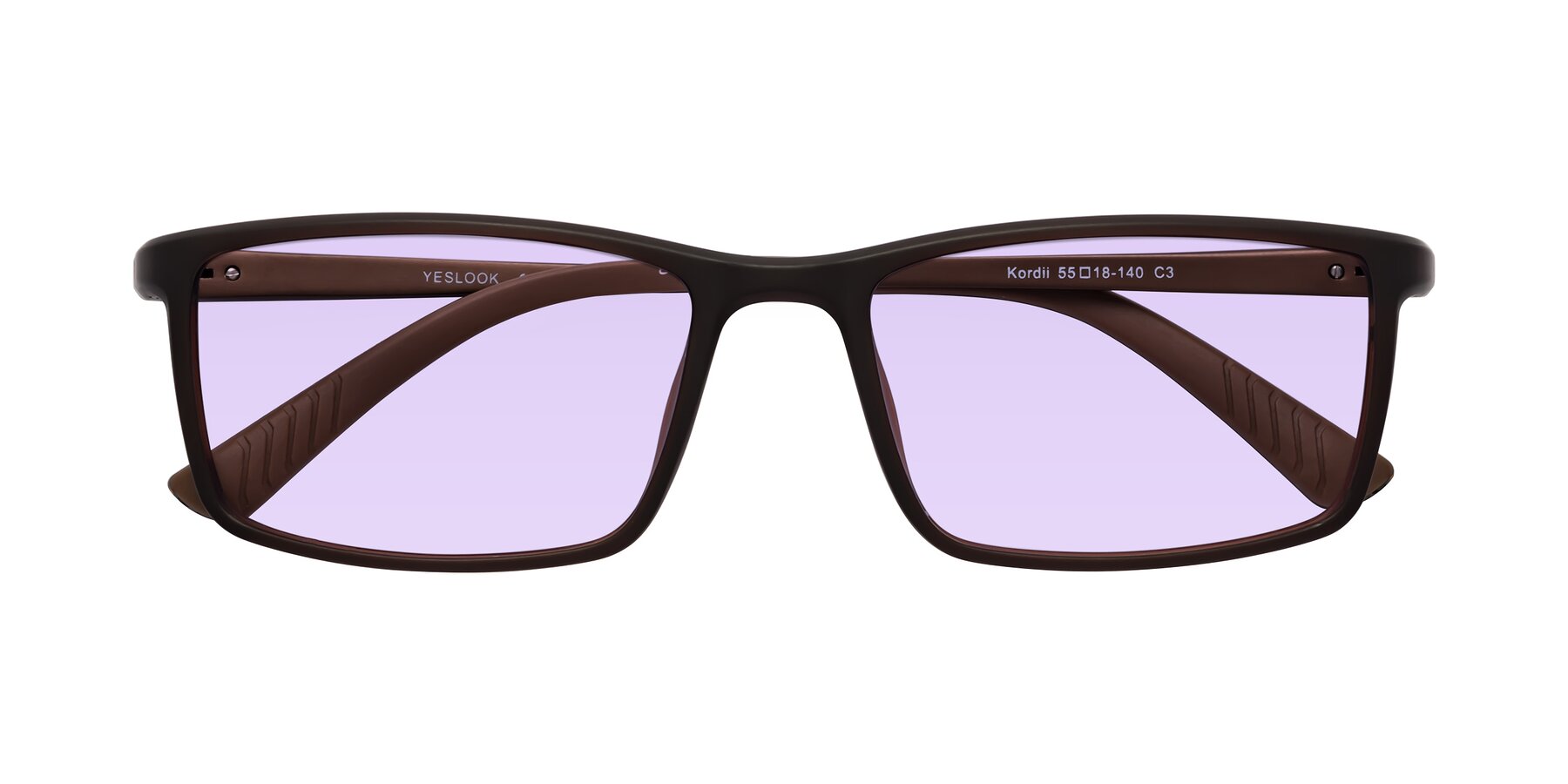 Folded Front of Kordii in Matte Brown with Light Purple Tinted Lenses