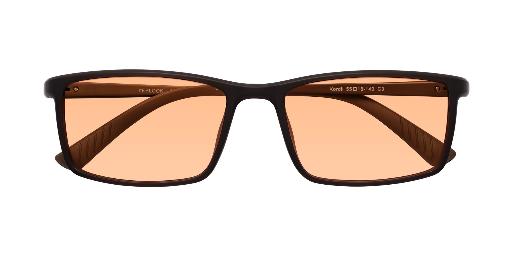 Folded Front of Kordii in Matte Brown with Light Orange Tinted Lenses