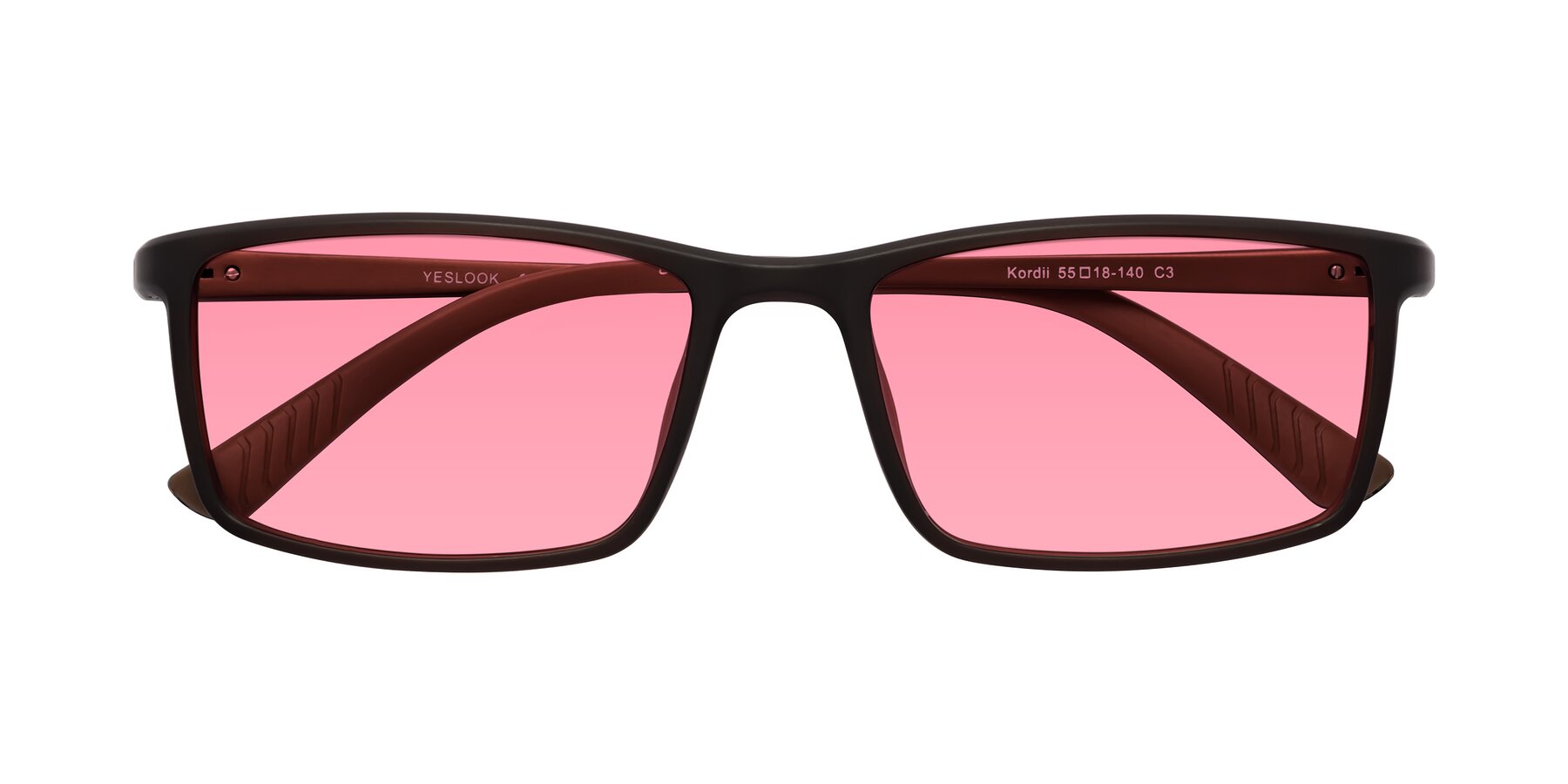 Folded Front of Kordii in Matte Brown with Pink Tinted Lenses