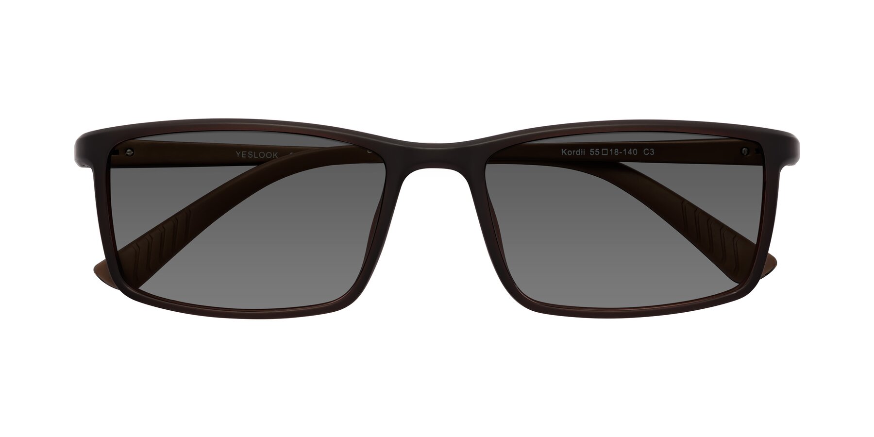 Folded Front of Kordii in Matte Brown with Medium Gray Tinted Lenses