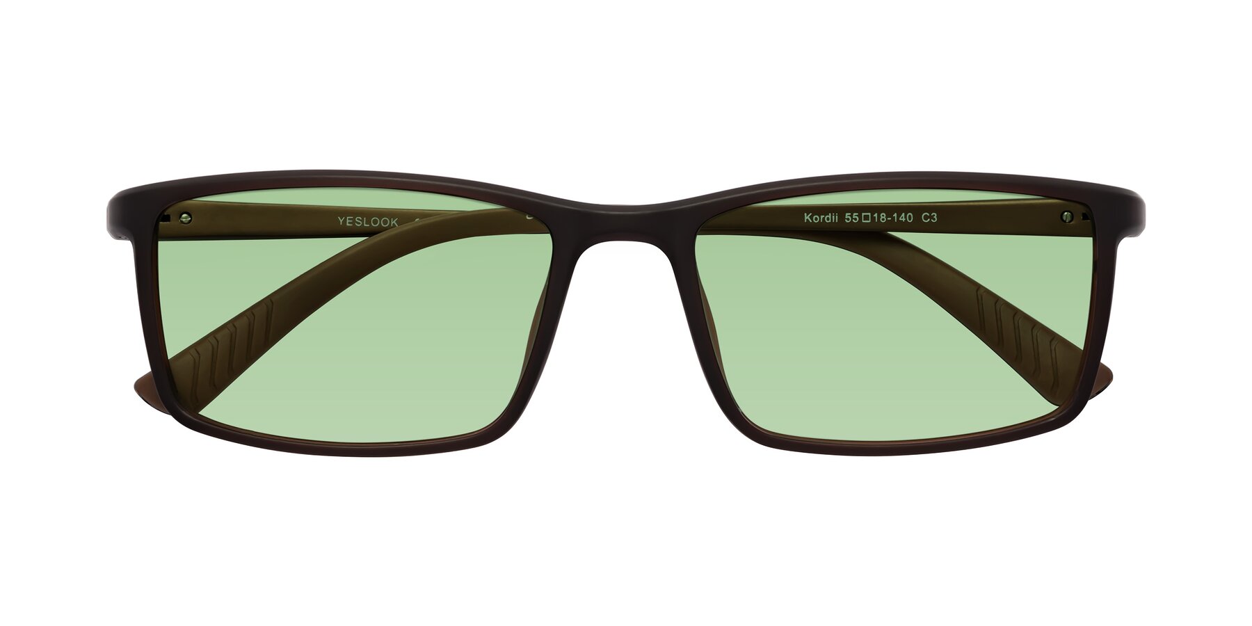 Folded Front of Kordii in Matte Brown with Medium Green Tinted Lenses