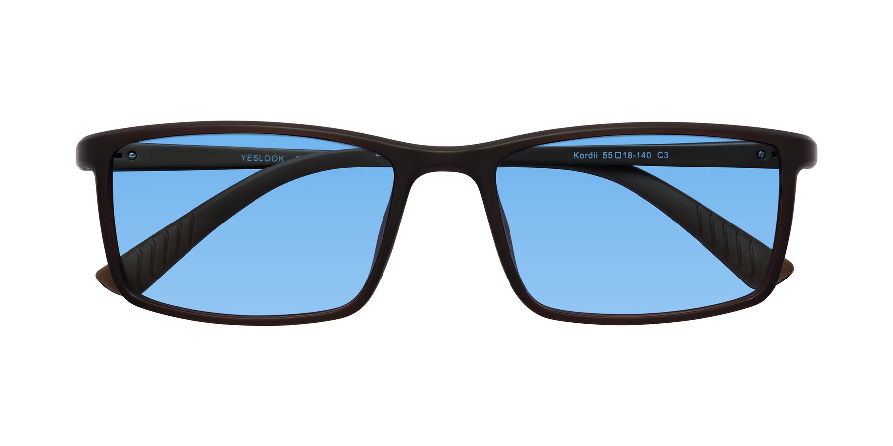 Folded Front of Kordii in Matte Brown with Medium Blue Tinted Lenses