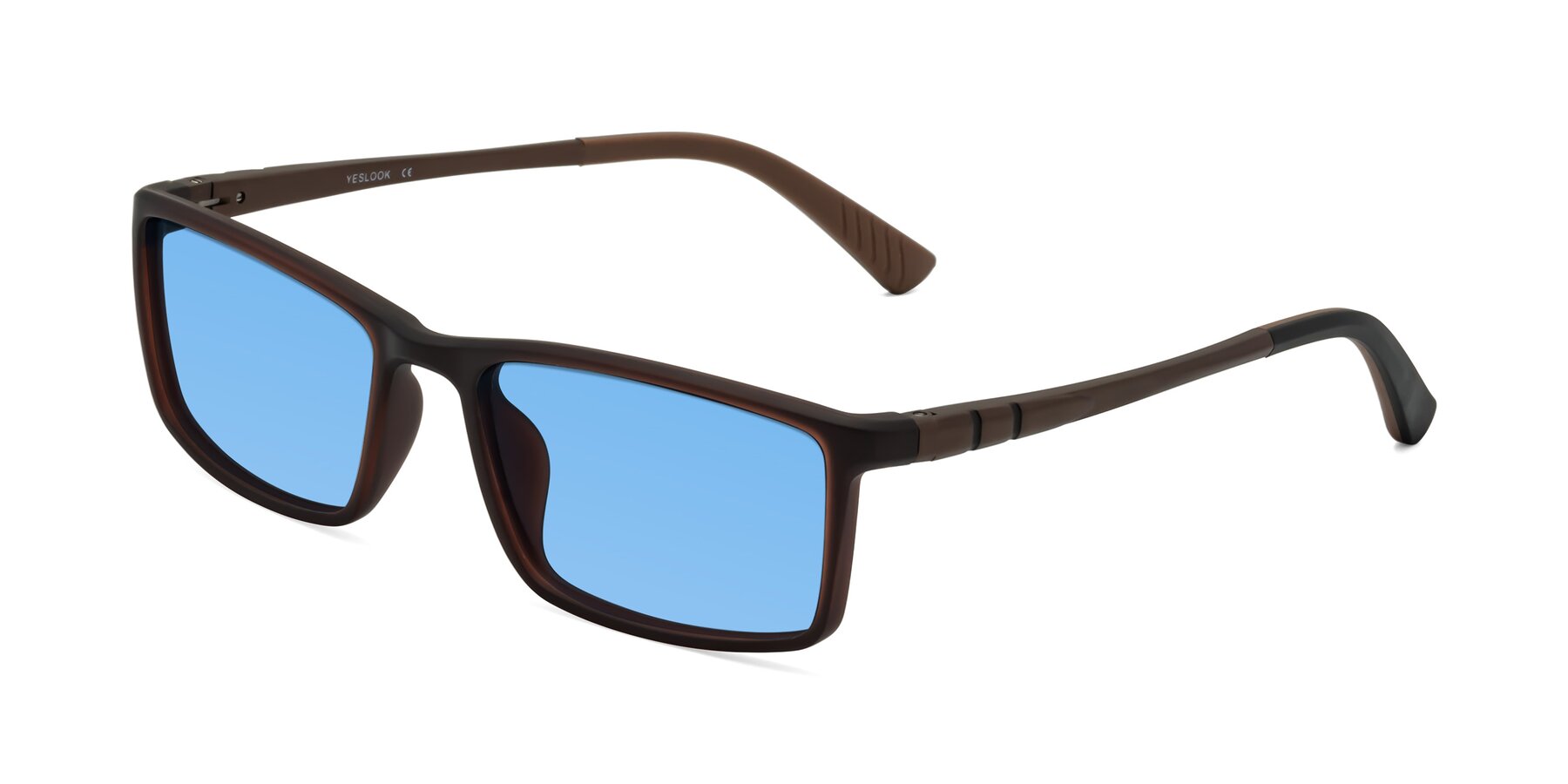 Angle of Kordii in Matte Brown with Medium Blue Tinted Lenses