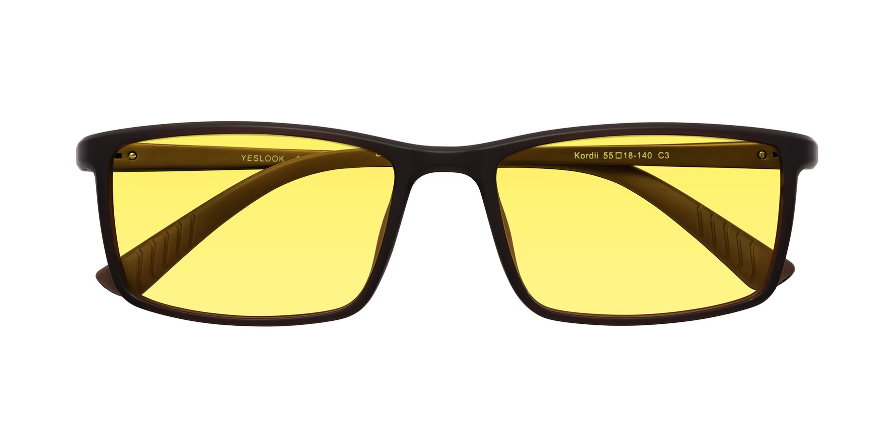 Folded Front of Kordii in Matte Brown with Medium Yellow Tinted Lenses