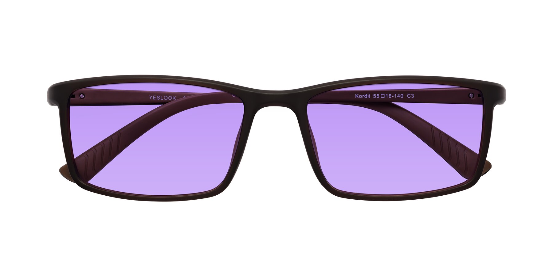Folded Front of Kordii in Matte Brown with Medium Purple Tinted Lenses