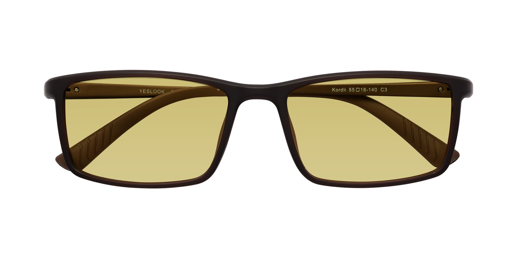 Folded Front of Kordii in Matte Brown with Medium Champagne Tinted Lenses