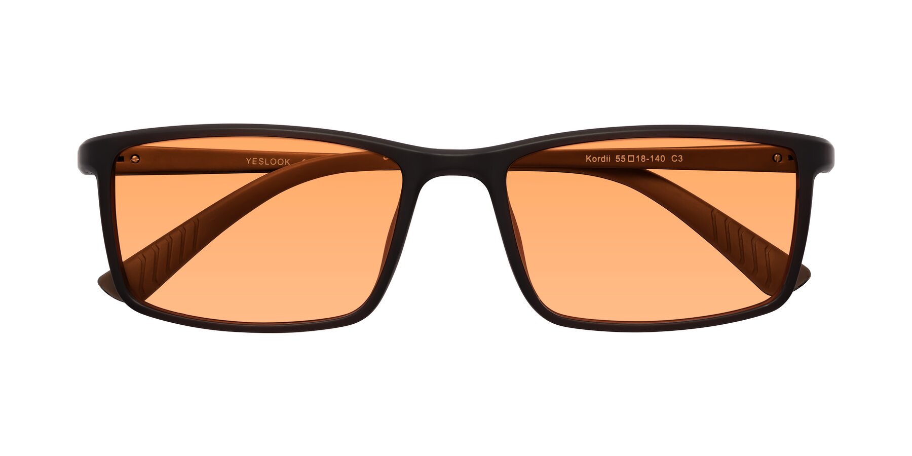 Folded Front of Kordii in Matte Brown with Medium Orange Tinted Lenses