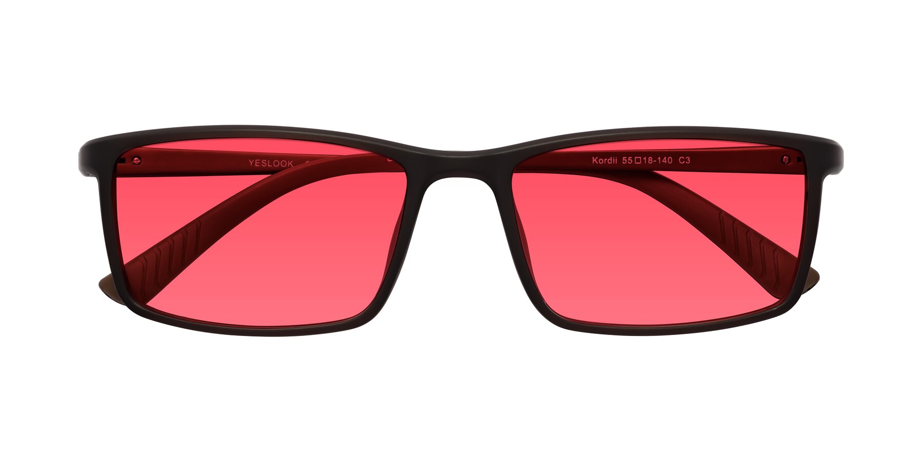 Folded Front of Kordii in Matte Brown with Red Tinted Lenses