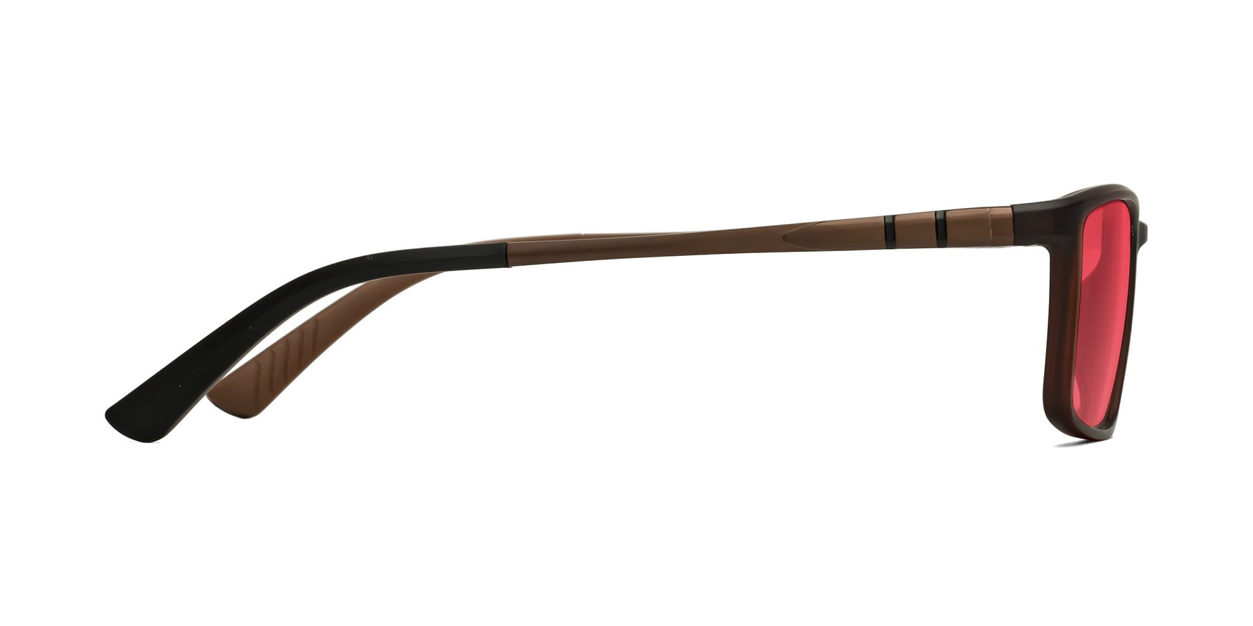 Side of Kordii in Matte Brown with Red Tinted Lenses
