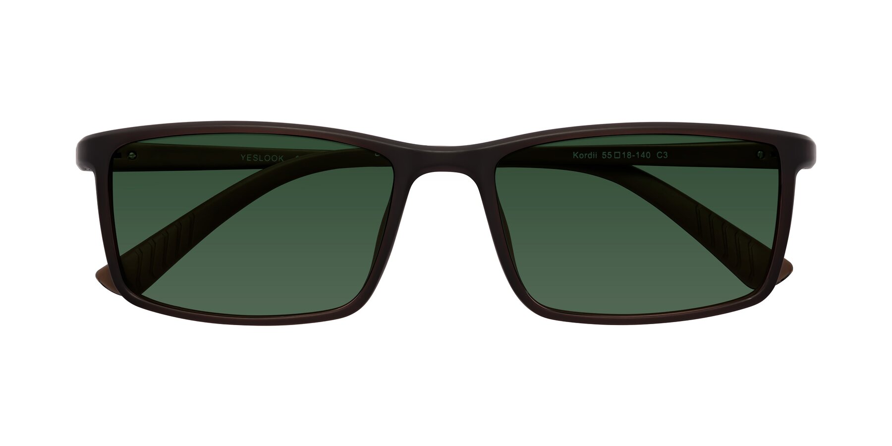 Folded Front of Kordii in Matte Brown with Green Tinted Lenses