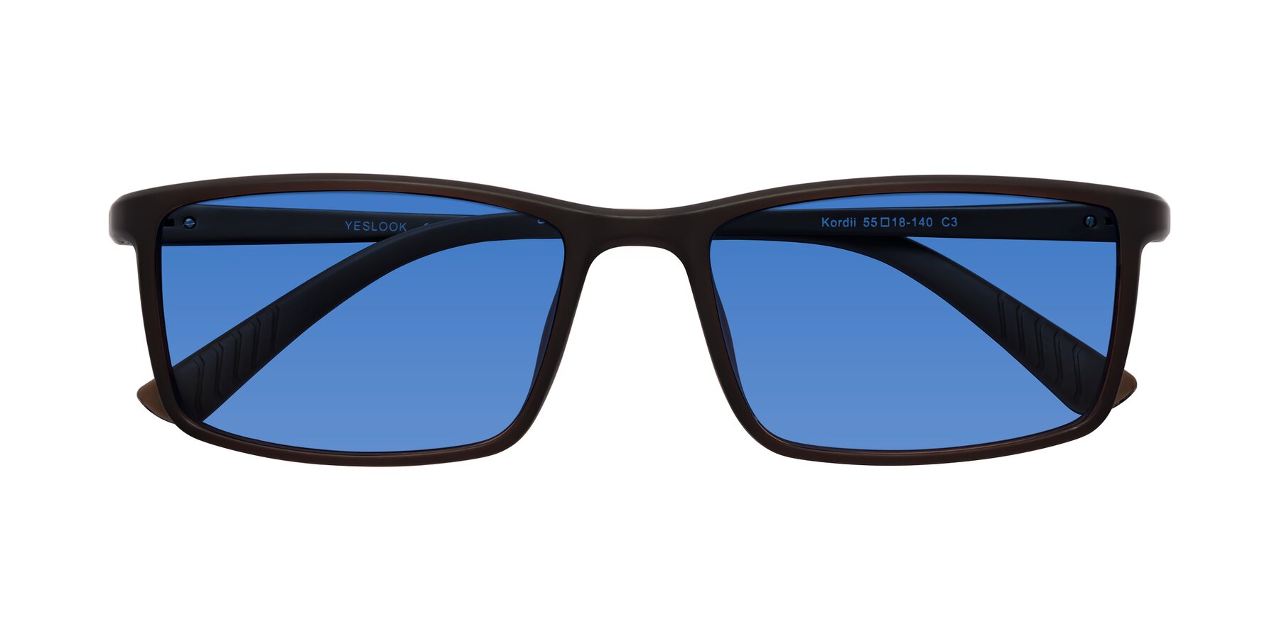 Folded Front of Kordii in Matte Brown with Blue Tinted Lenses