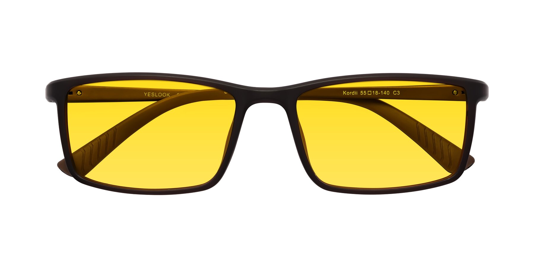 Folded Front of Kordii in Matte Brown with Yellow Tinted Lenses