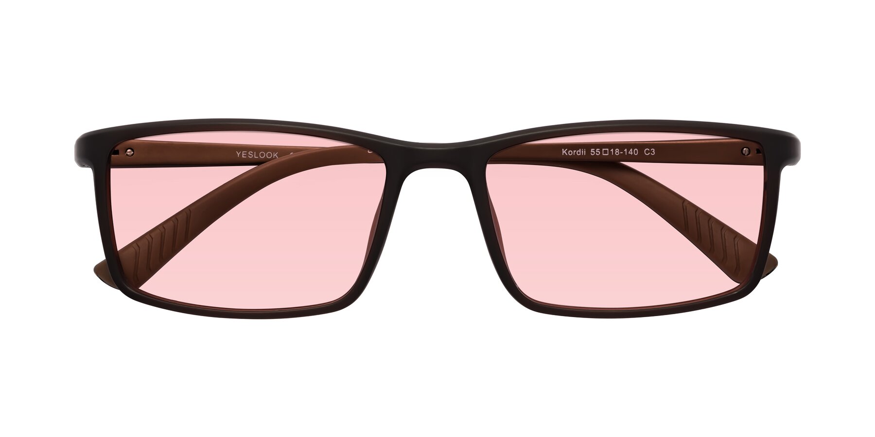Folded Front of Kordii in Matte Brown with Light Garnet Tinted Lenses