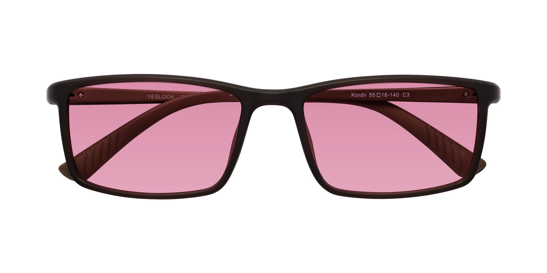 Folded Front of Kordii in Matte Brown with Medium Wine Tinted Lenses