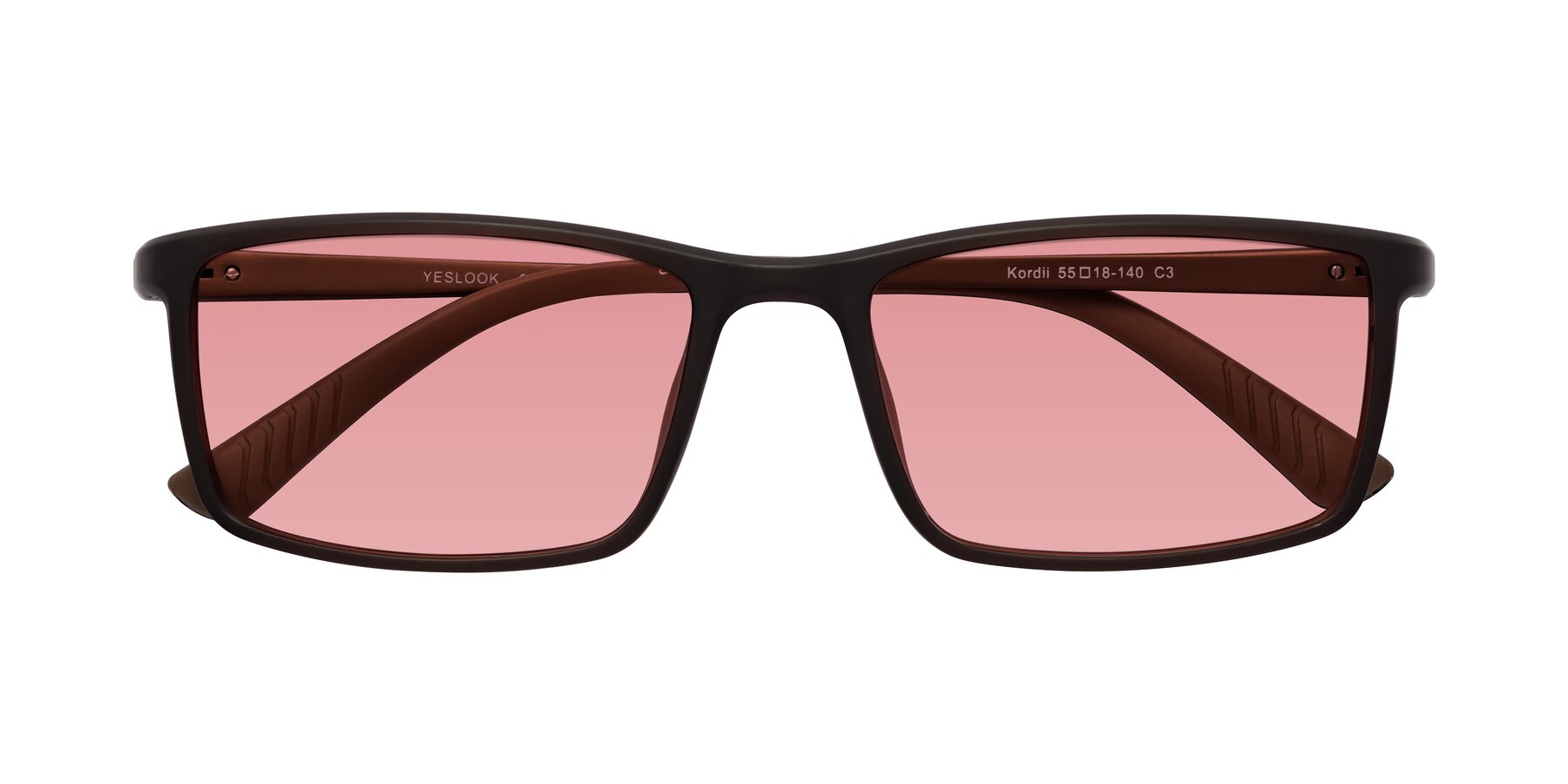 Folded Front of Kordii in Matte Brown with Medium Garnet Tinted Lenses