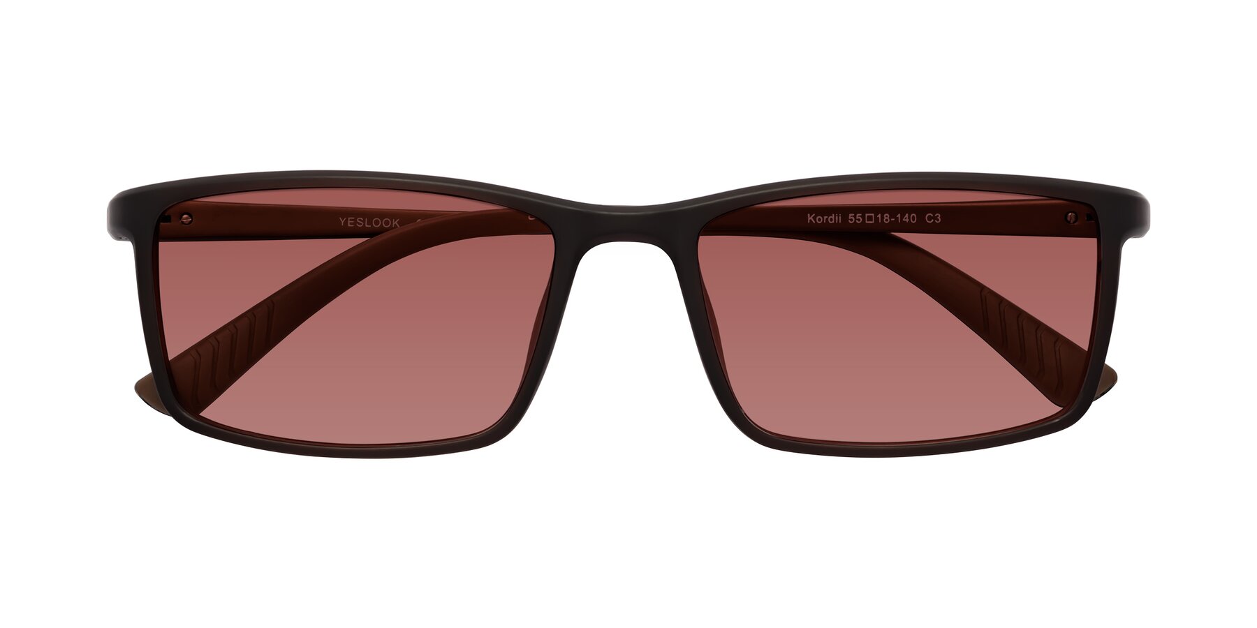 Folded Front of Kordii in Matte Brown with Garnet Tinted Lenses