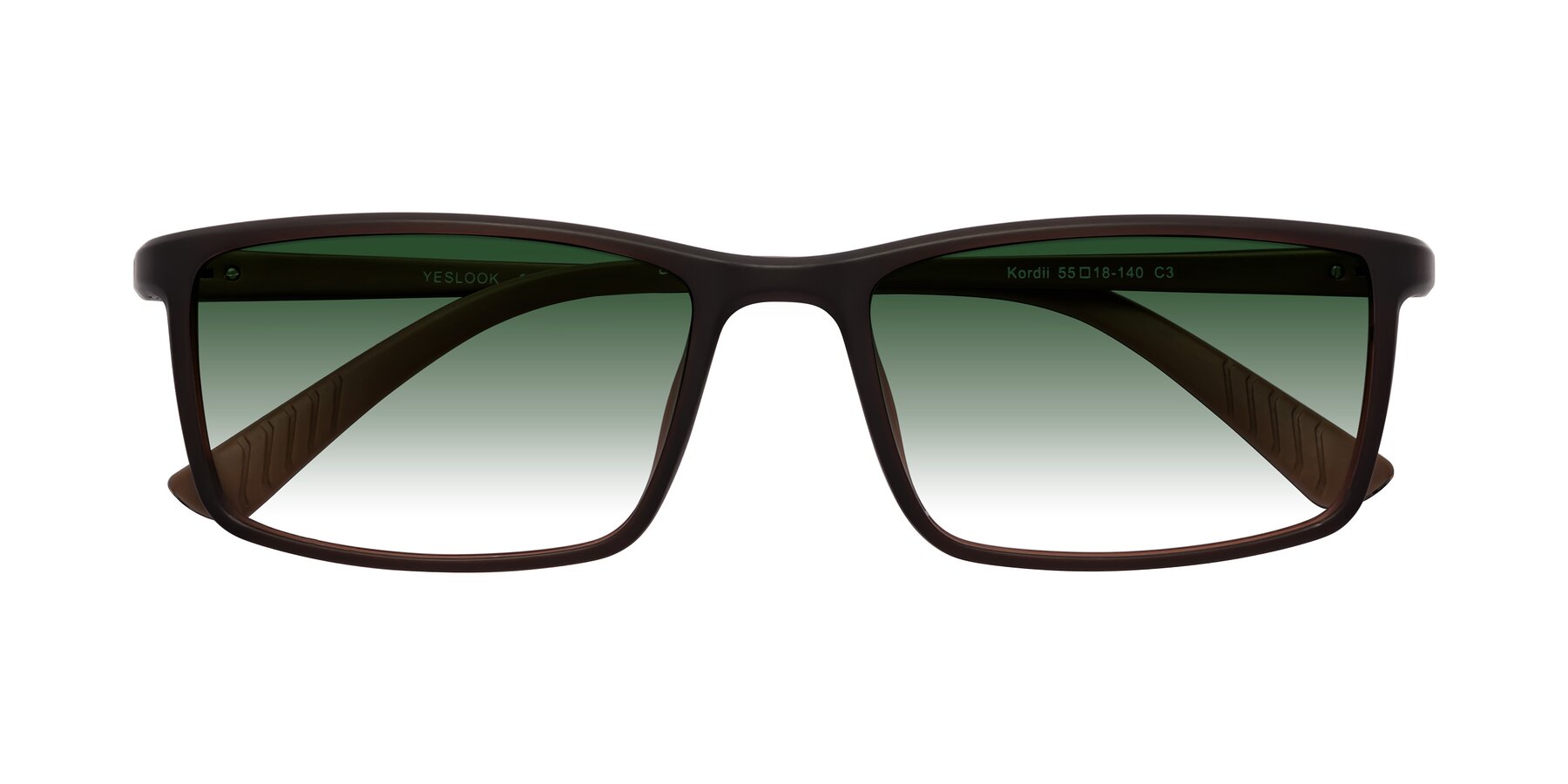 Folded Front of Kordii in Matte Brown with Green Gradient Lenses