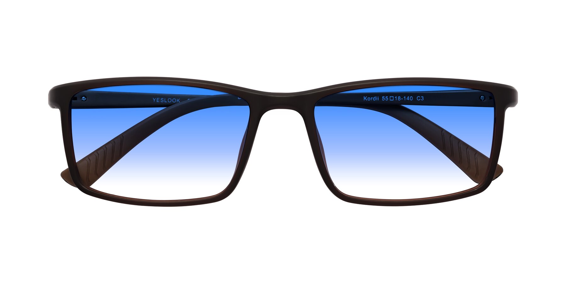 Folded Front of Kordii in Matte Brown with Blue Gradient Lenses