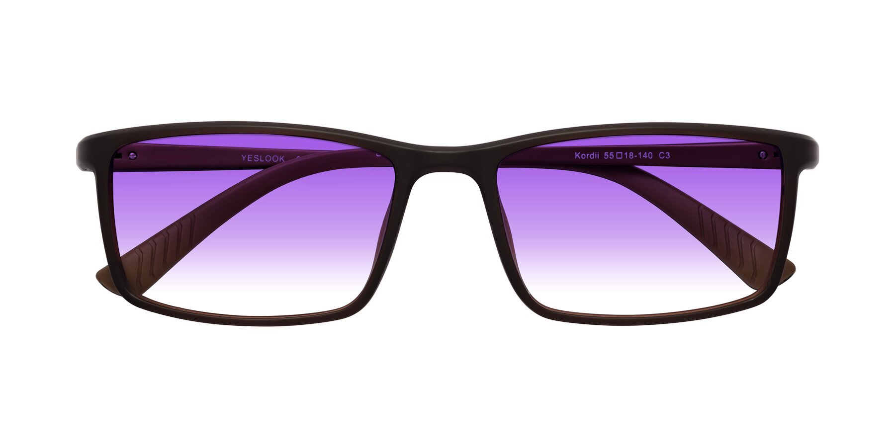 Folded Front of Kordii in Matte Brown with Purple Gradient Lenses