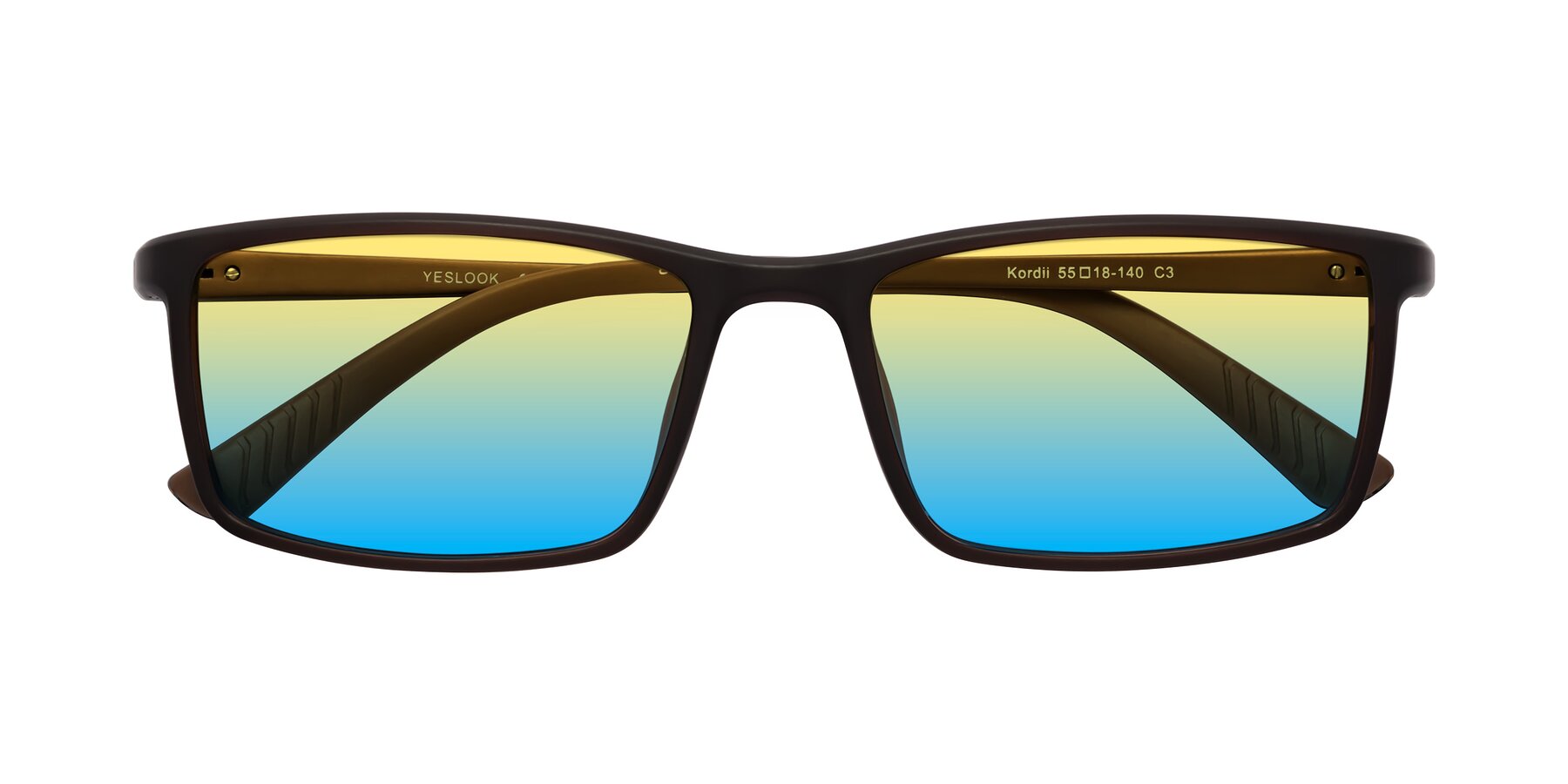 Folded Front of Kordii in Matte Brown with Yellow / Blue Gradient Lenses