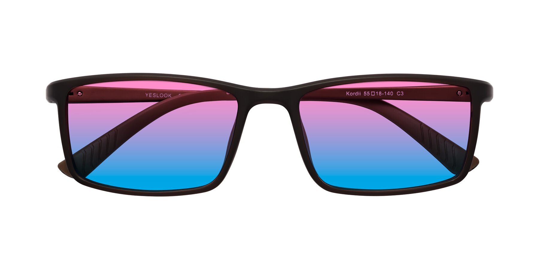 Folded Front of Kordii in Matte Brown with Pink / Blue Gradient Lenses
