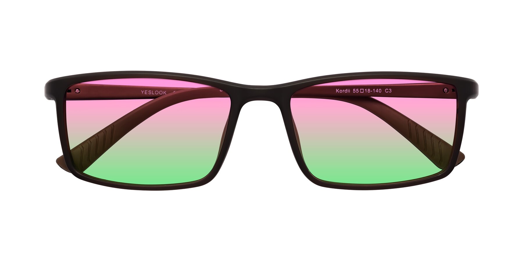 Folded Front of Kordii in Matte Brown with Pink / Green Gradient Lenses