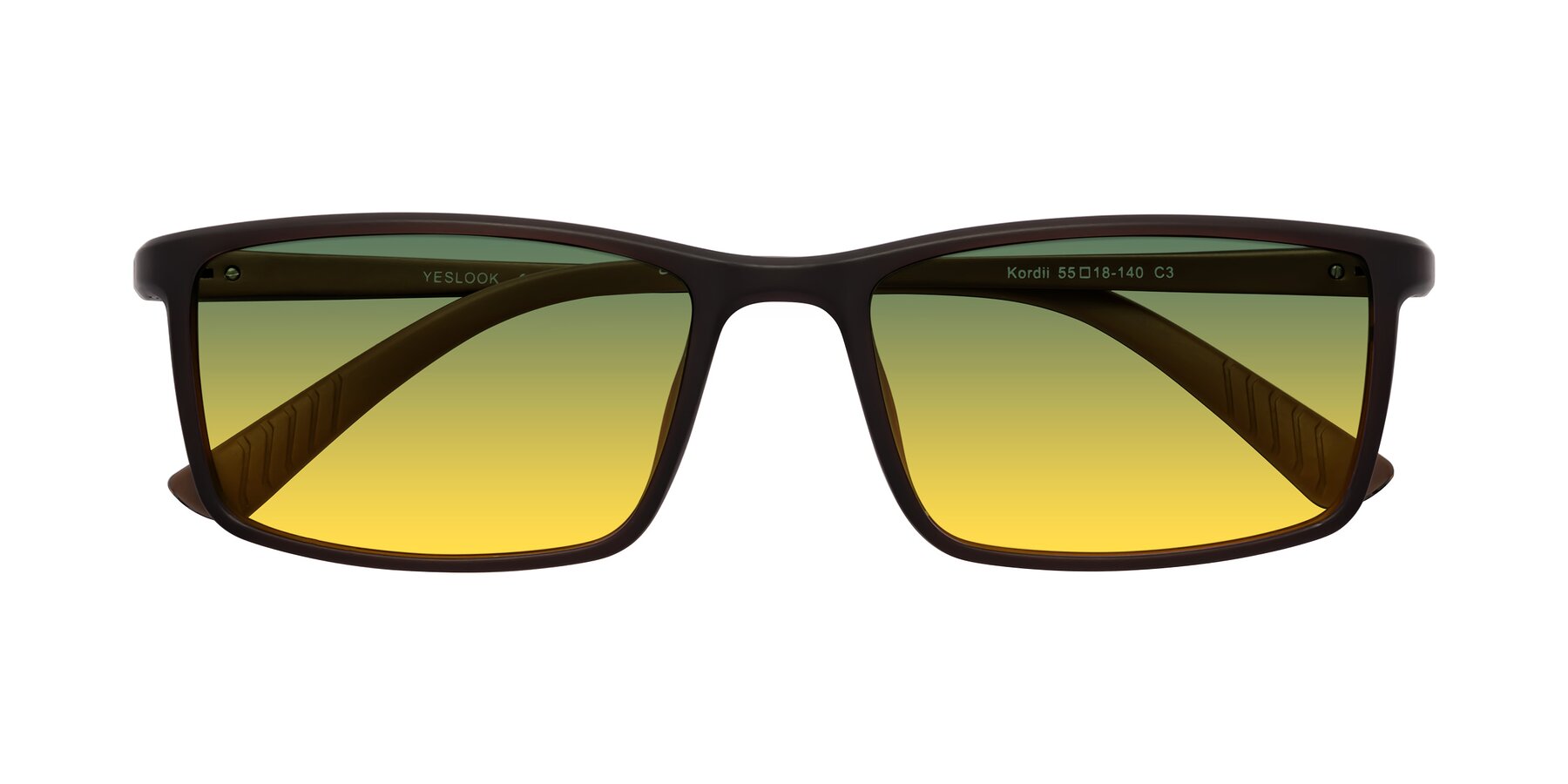 Folded Front of Kordii in Matte Brown with Green / Yellow Gradient Lenses