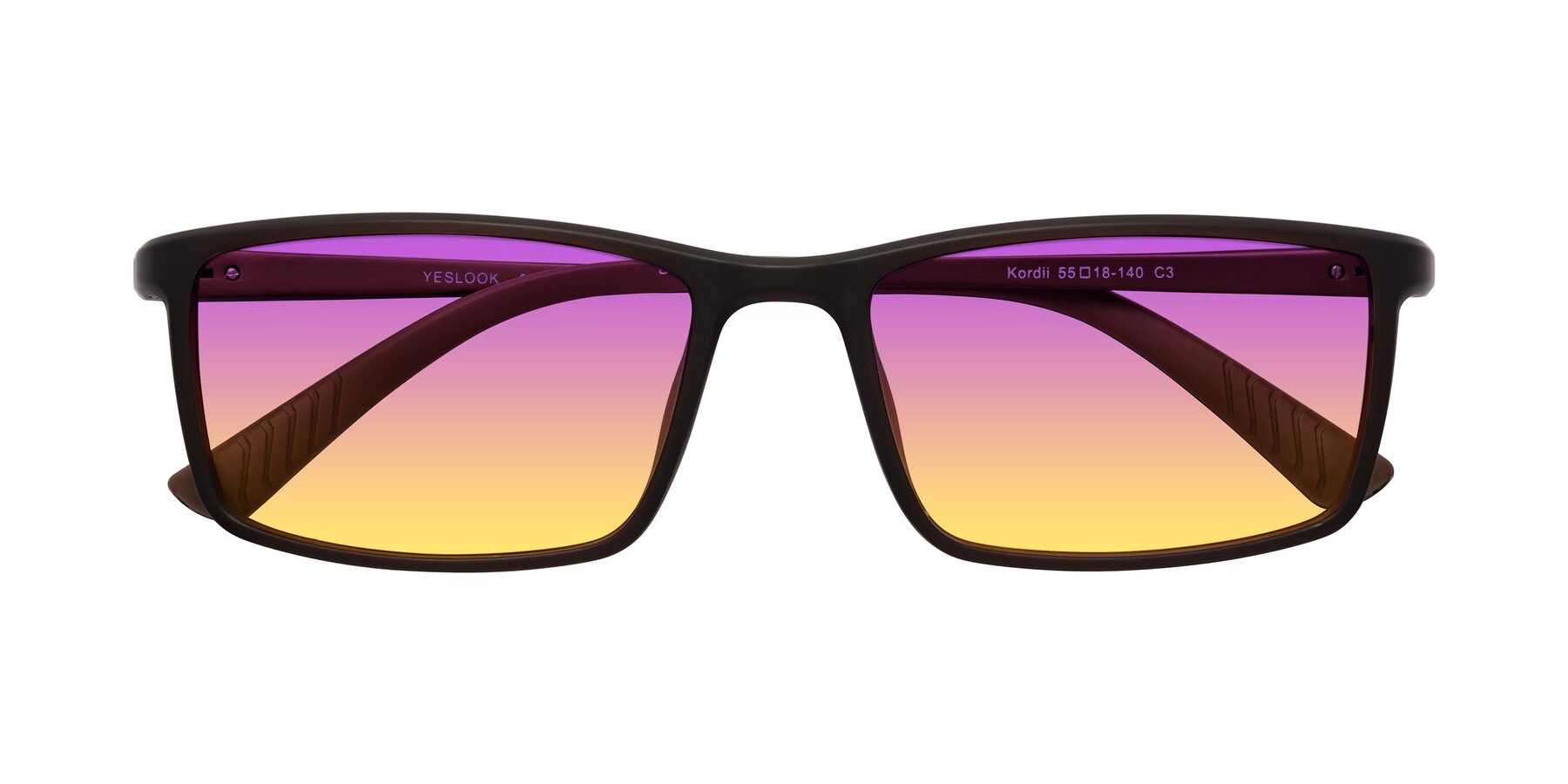 Folded Front of Kordii in Matte Brown with Purple / Yellow Gradient Lenses