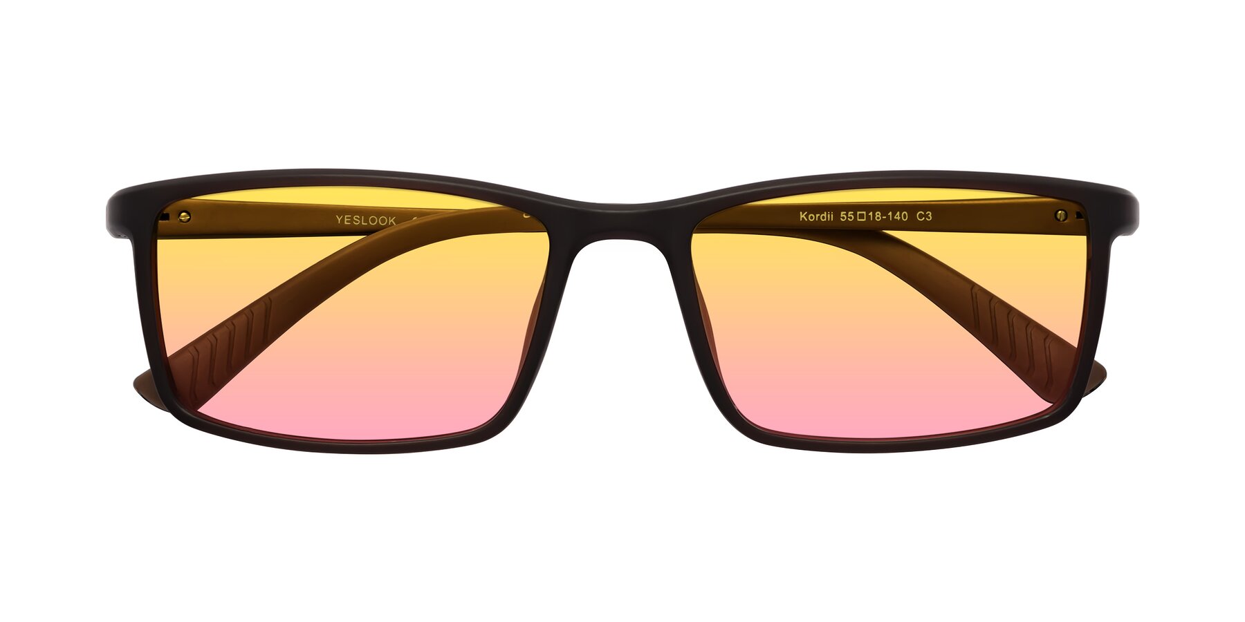 Folded Front of Kordii in Matte Brown with Yellow / Pink Gradient Lenses