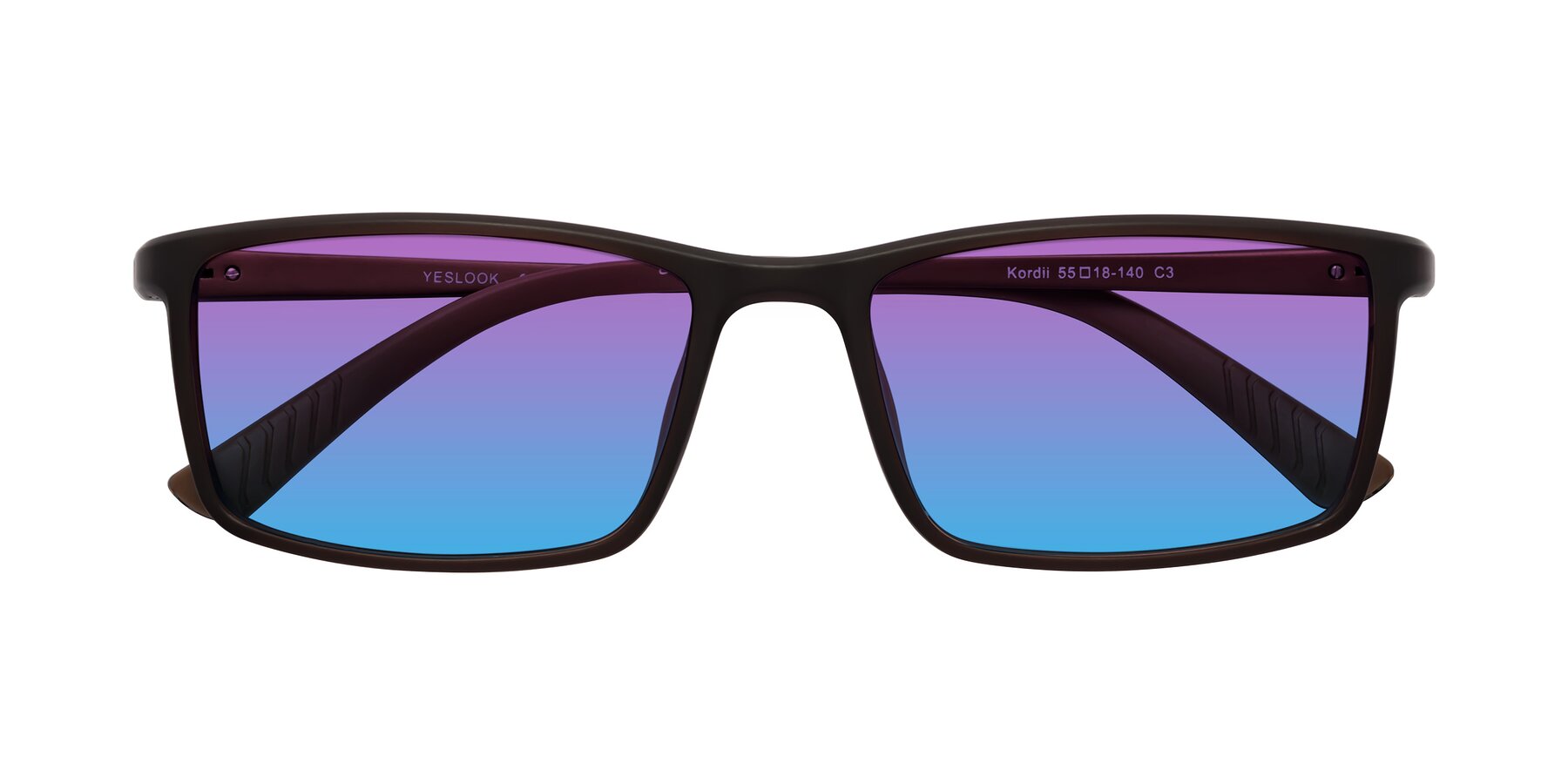 Folded Front of Kordii in Matte Brown with Purple / Blue Gradient Lenses