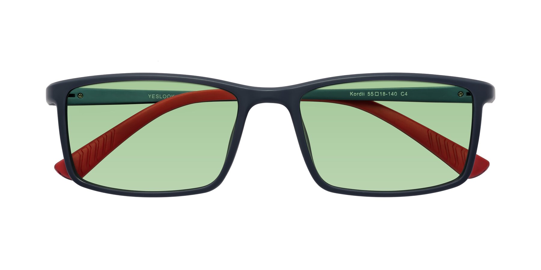 Folded Front of Kordii in Matte Blue-Red with Medium Green Tinted Lenses