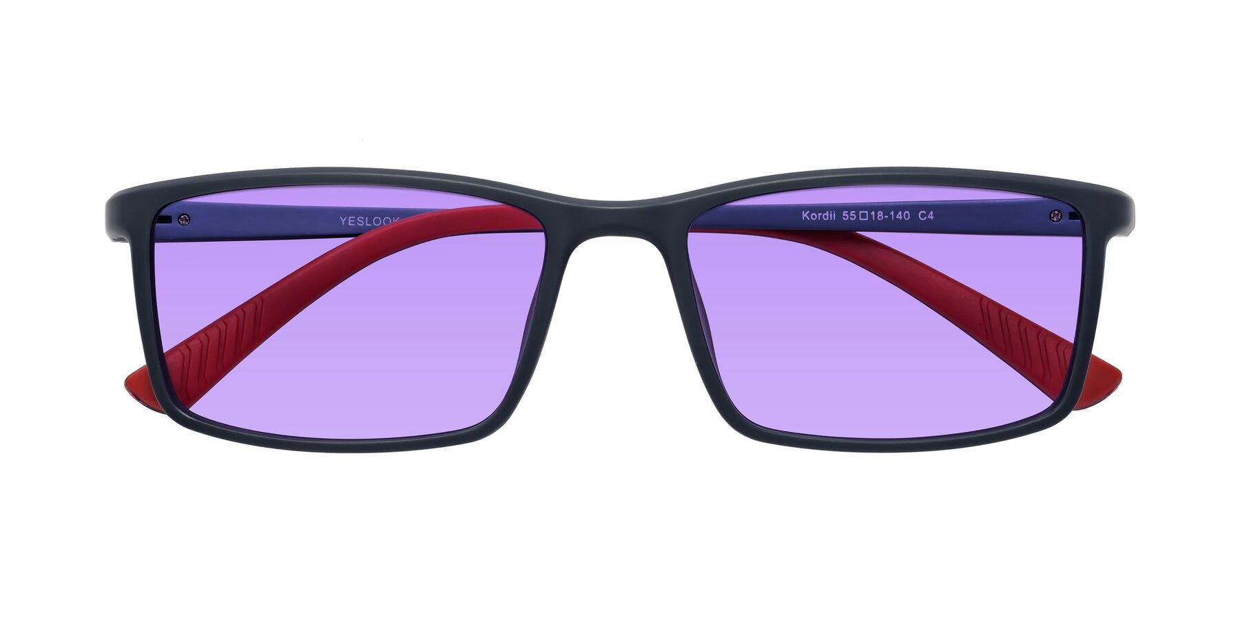 Folded Front of Kordii in Matte Blue-Red with Medium Purple Tinted Lenses