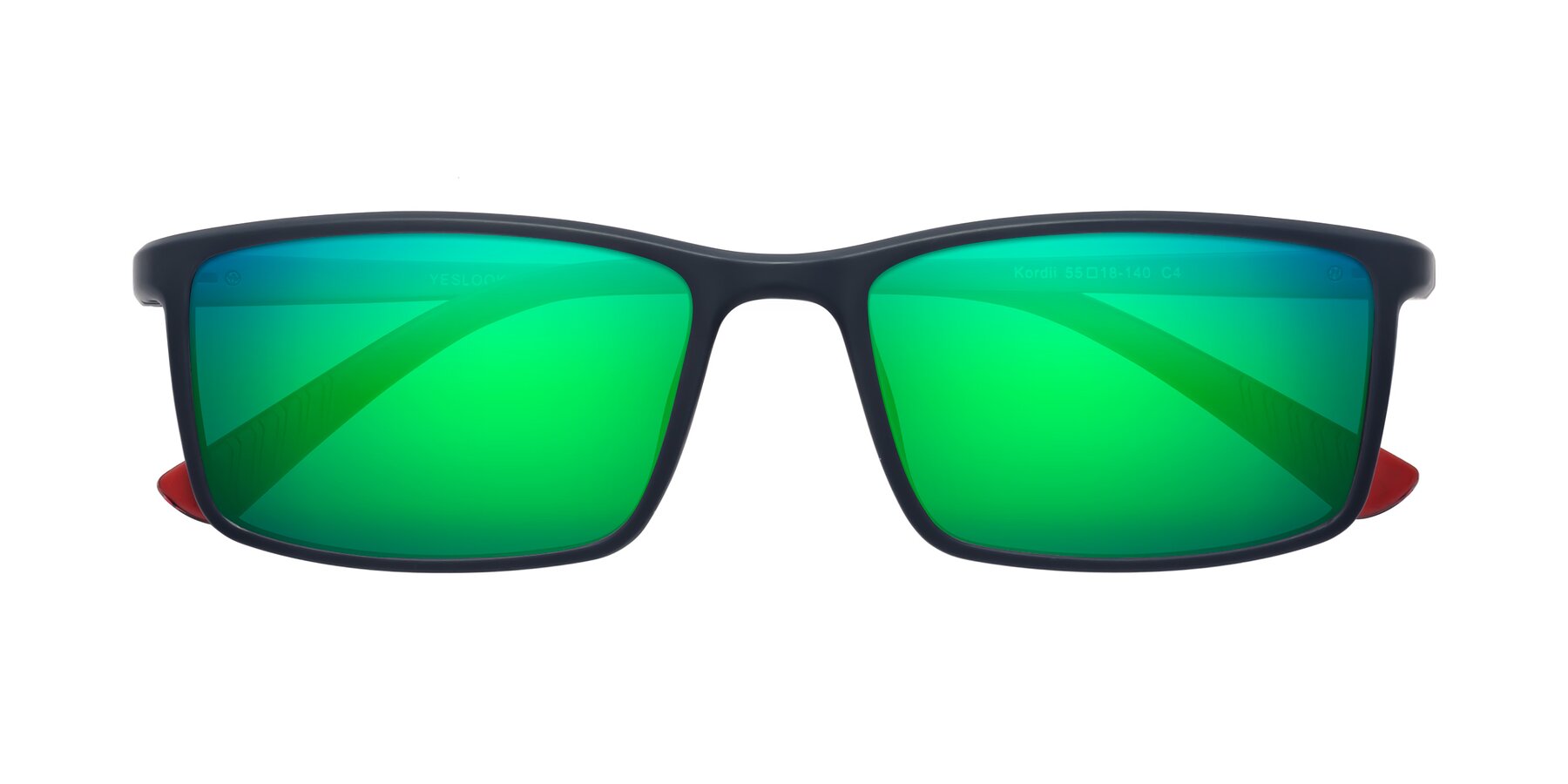 Folded Front of Kordii in Matte Blue-Red with Green Mirrored Lenses